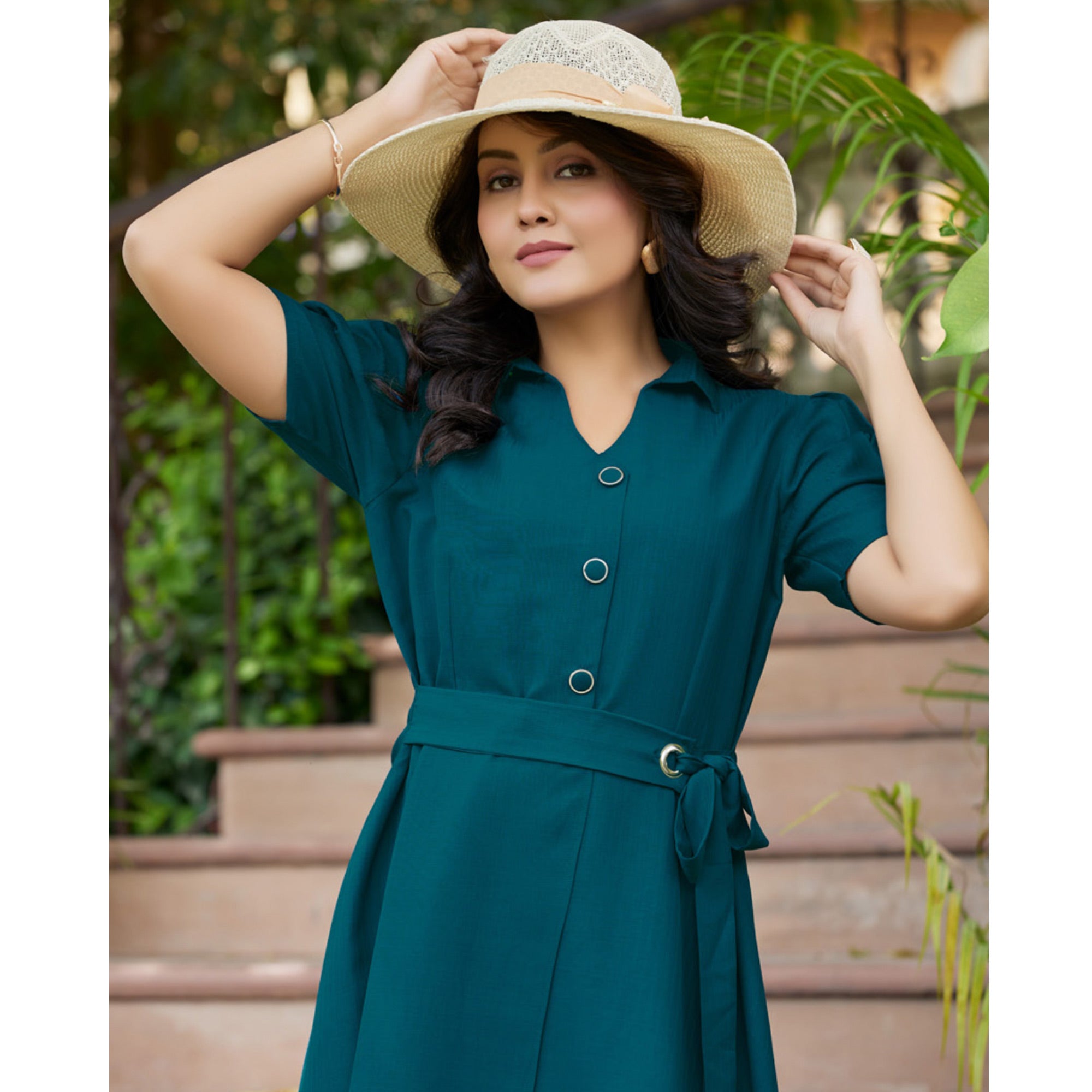 Teal Blue Solid Cotton Dress