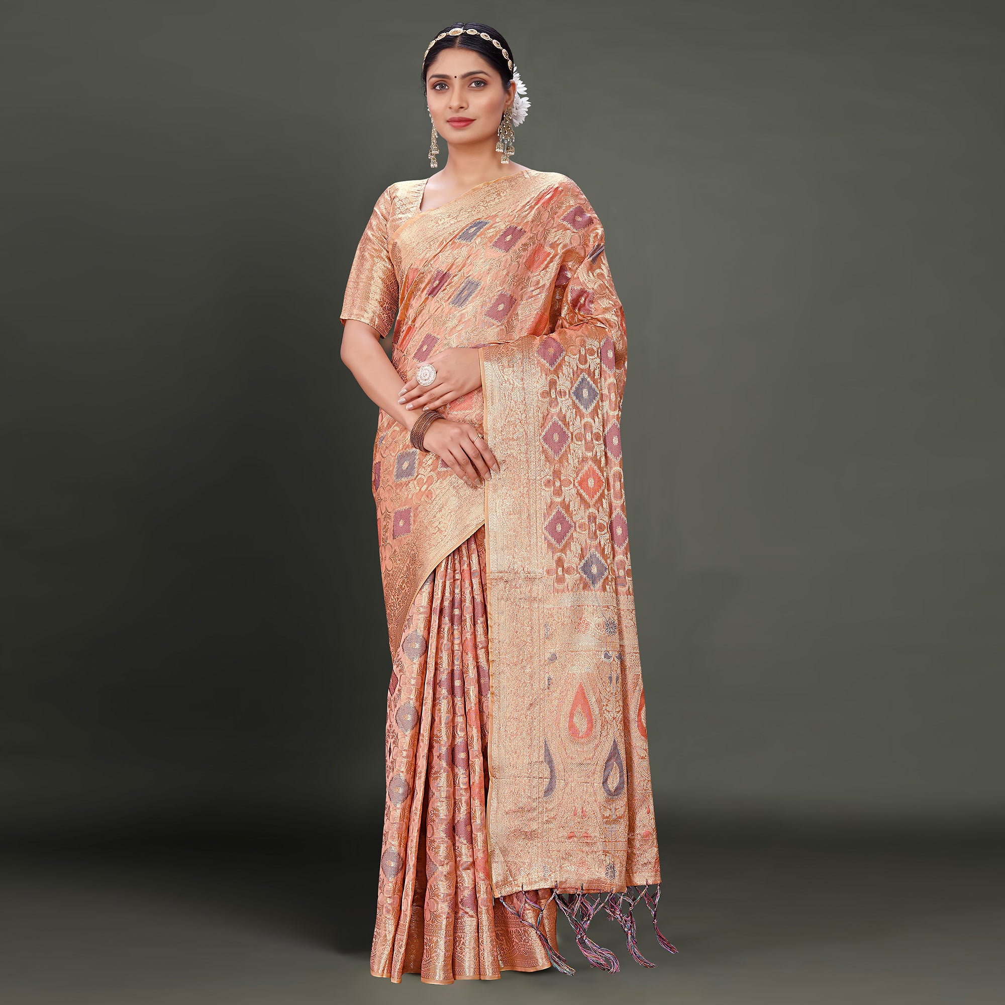 Peach Woven Organza Saree With Tassels