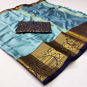 Sky Blue Woven Cotton Silk Saree With Tassels