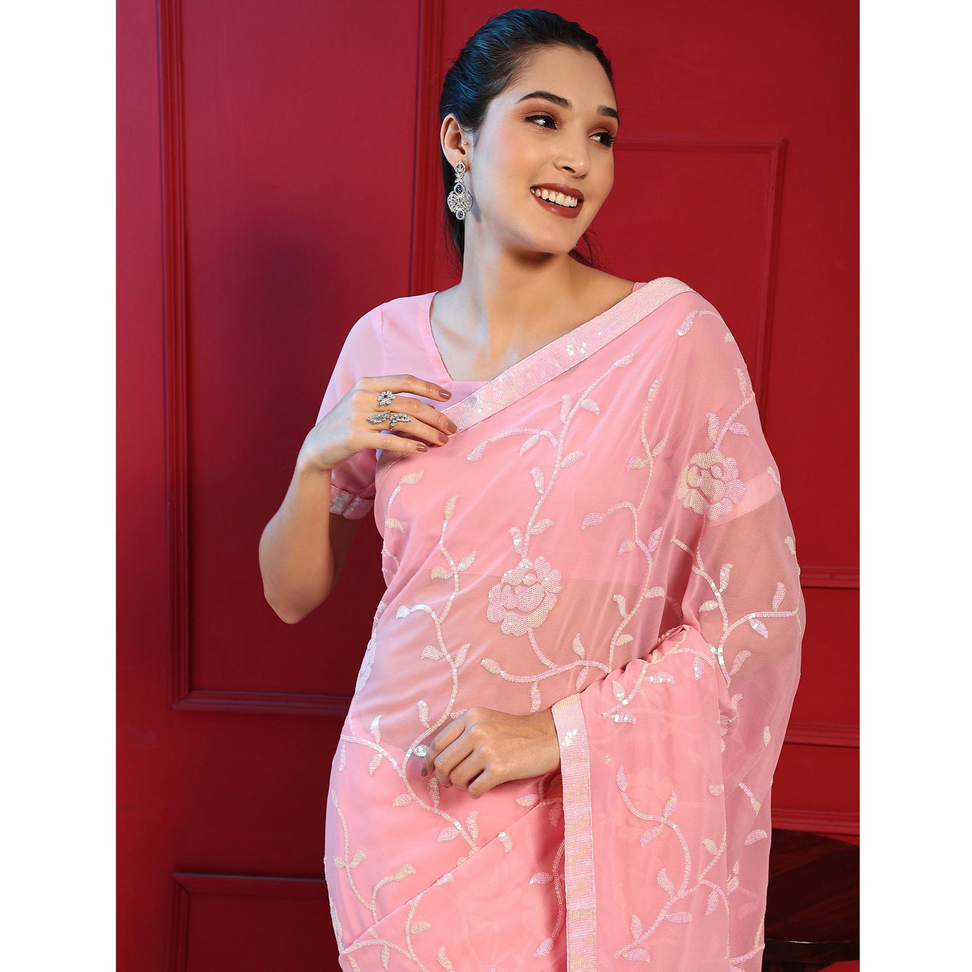 Pink Sequins Embroidered Georgette Saree