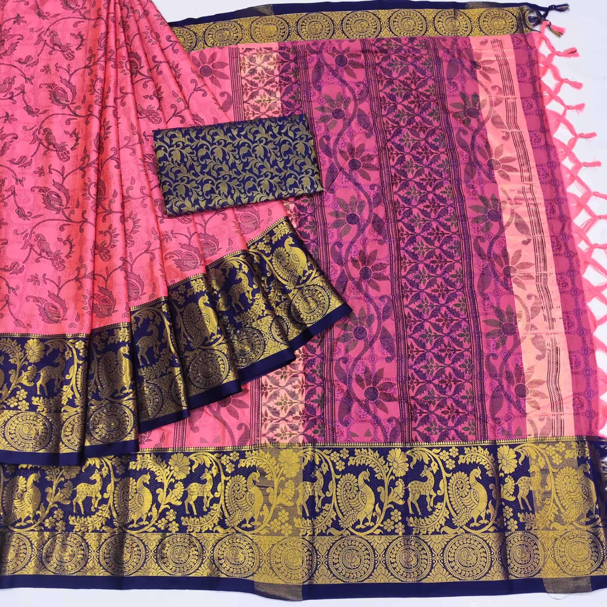 Gajari Pink Printed With Woven Border Cotton Silk Saree