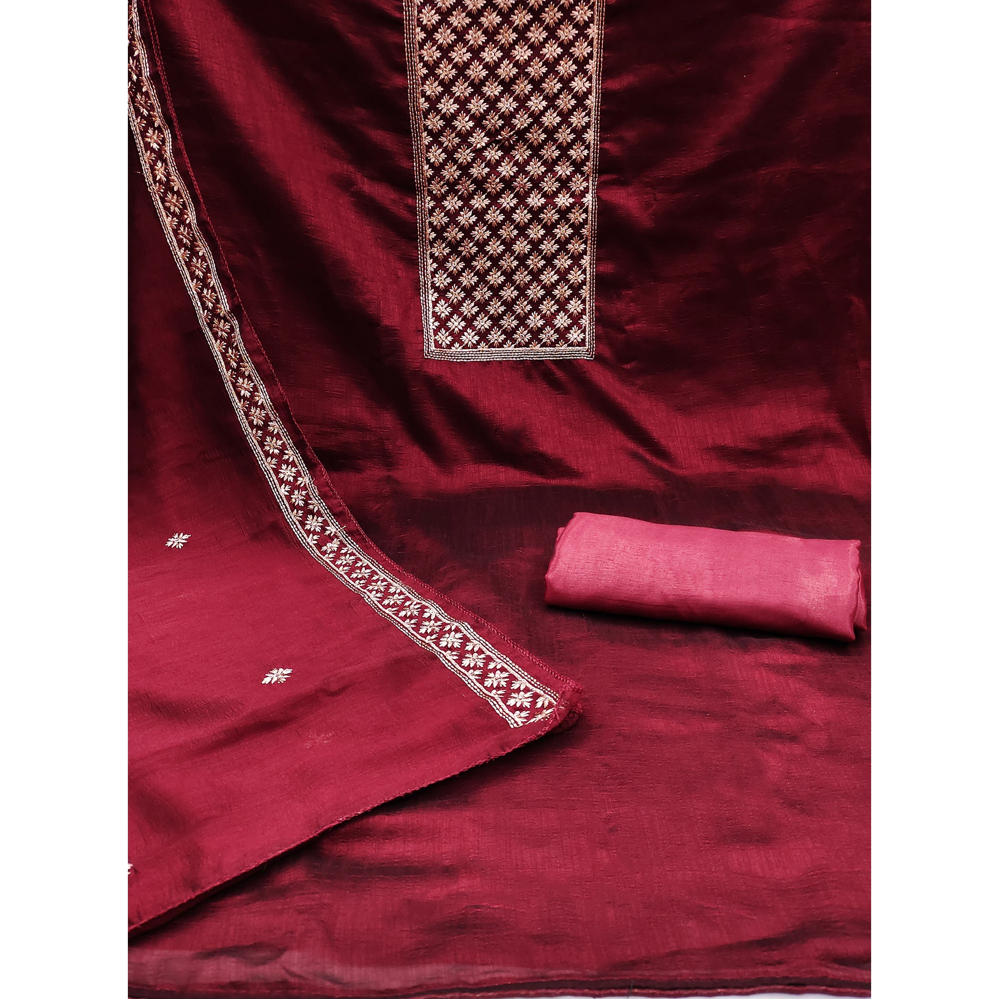 Maroon Embroidered Modal Dress Material