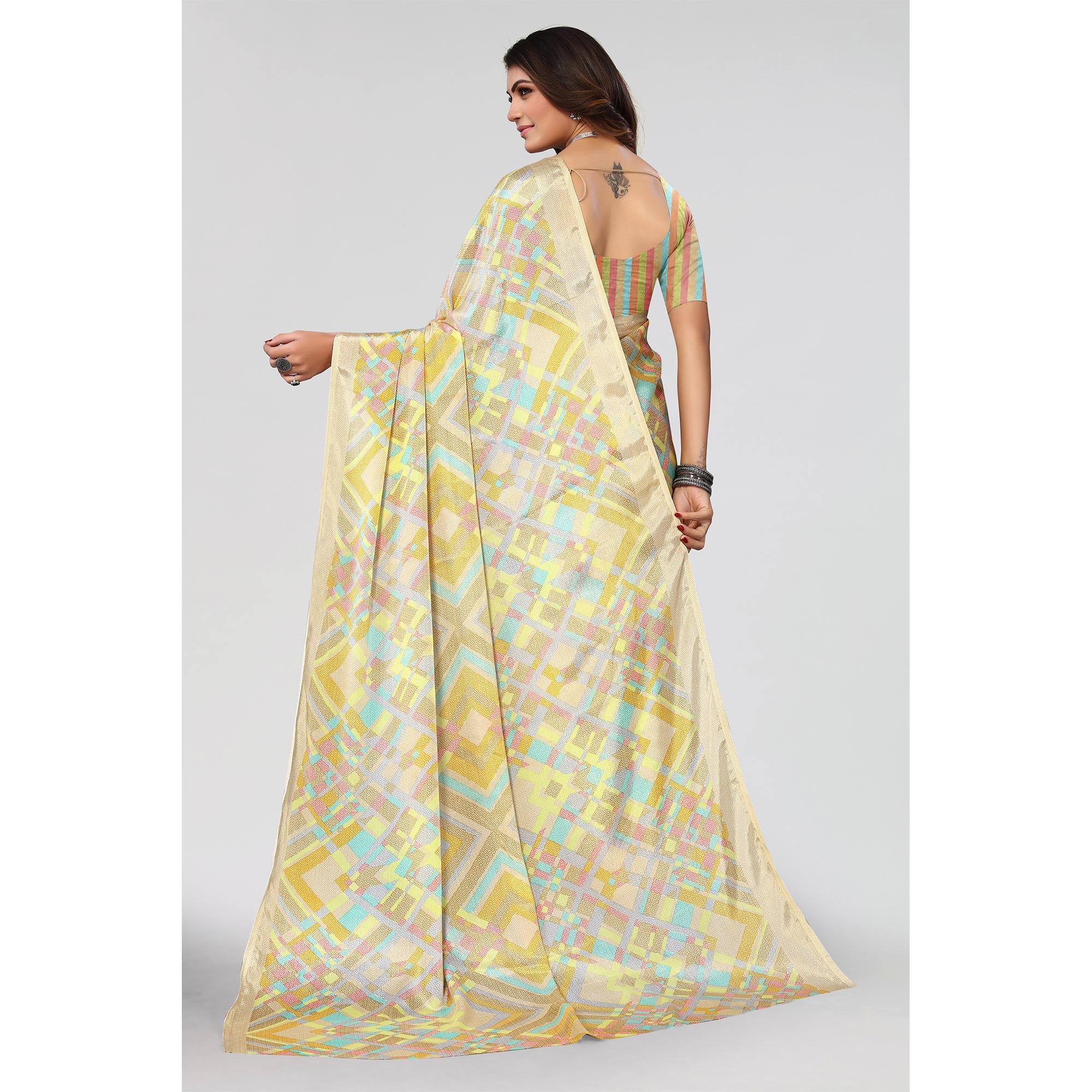 Beige Geometric Printed Chiffon Saree