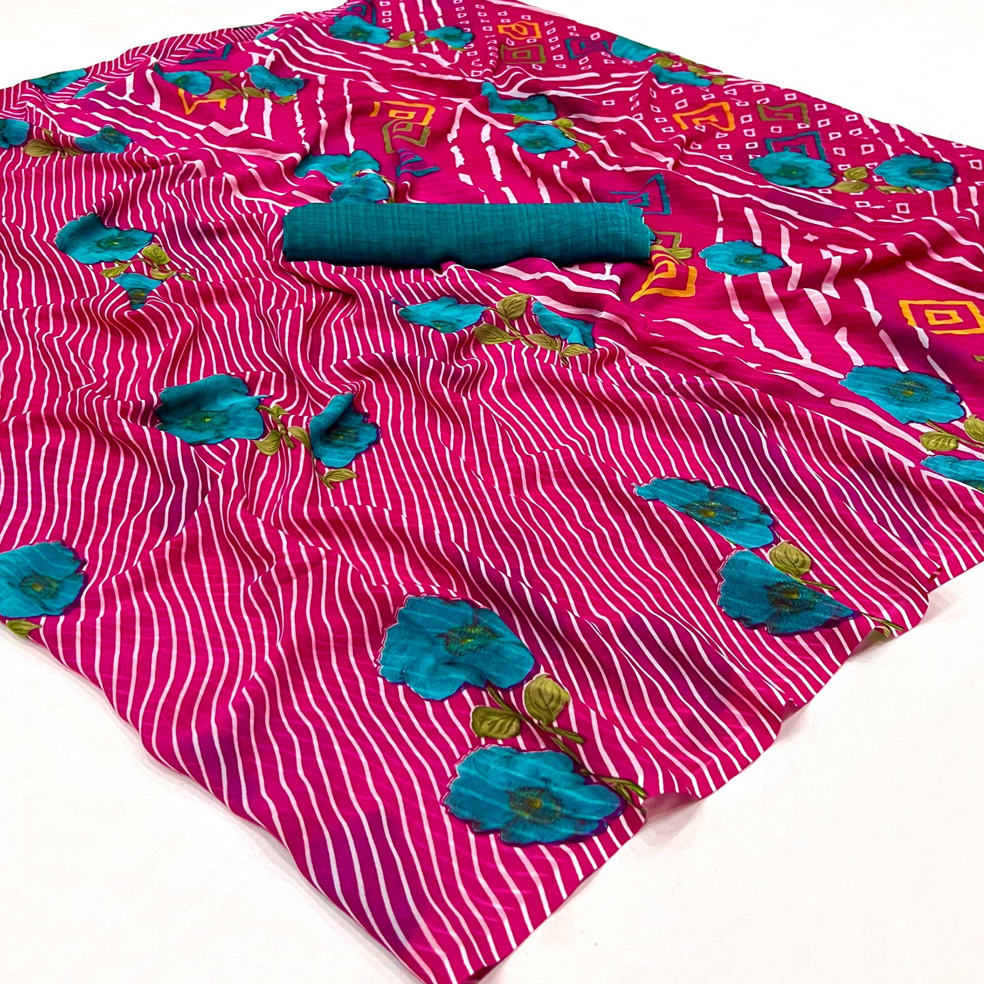 Pink Floral Digital Printed Georgette Saree