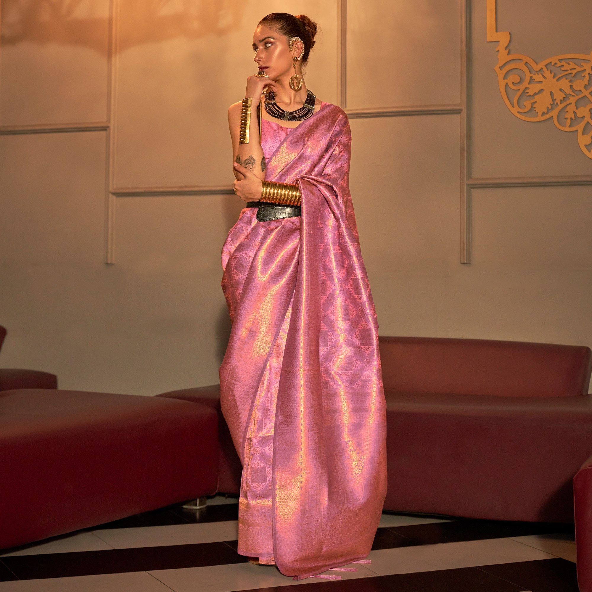 Pink Woven Art Silk Saree With Tassels