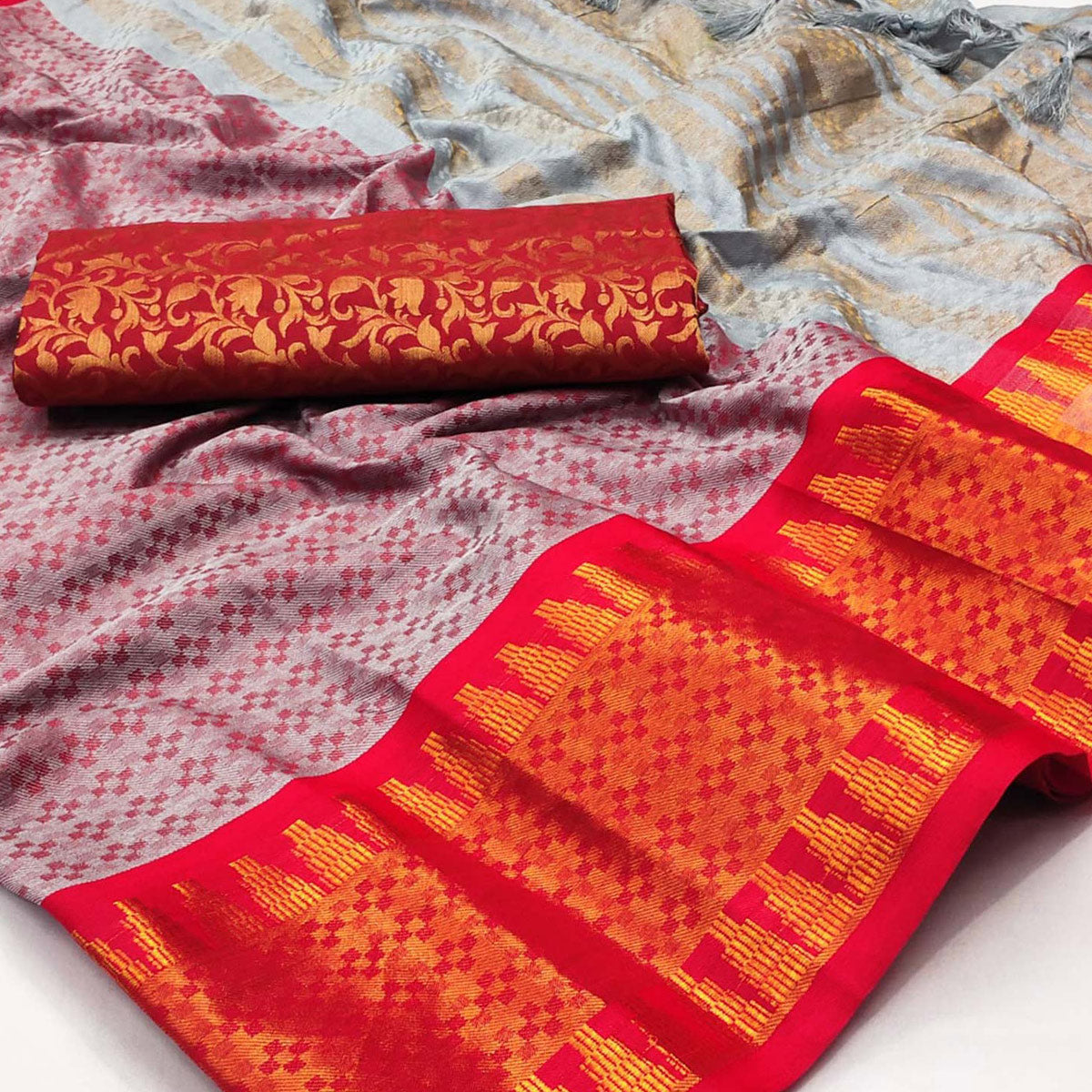 Grey Woven Cotton Silk Saree With Tassels