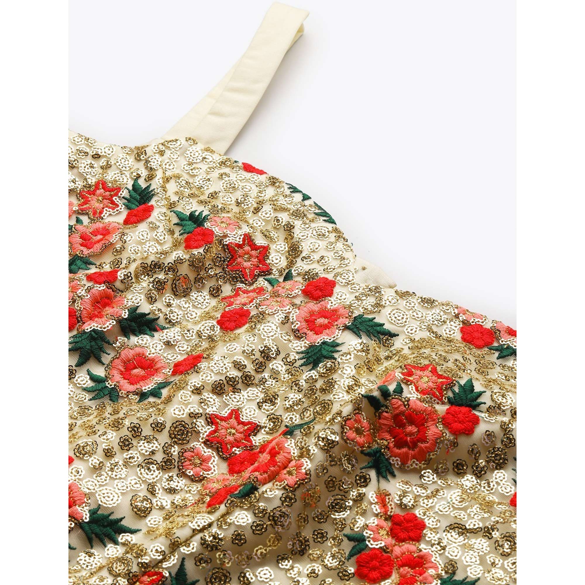 Cream Floral Embroidered Netted Lehenga Choli