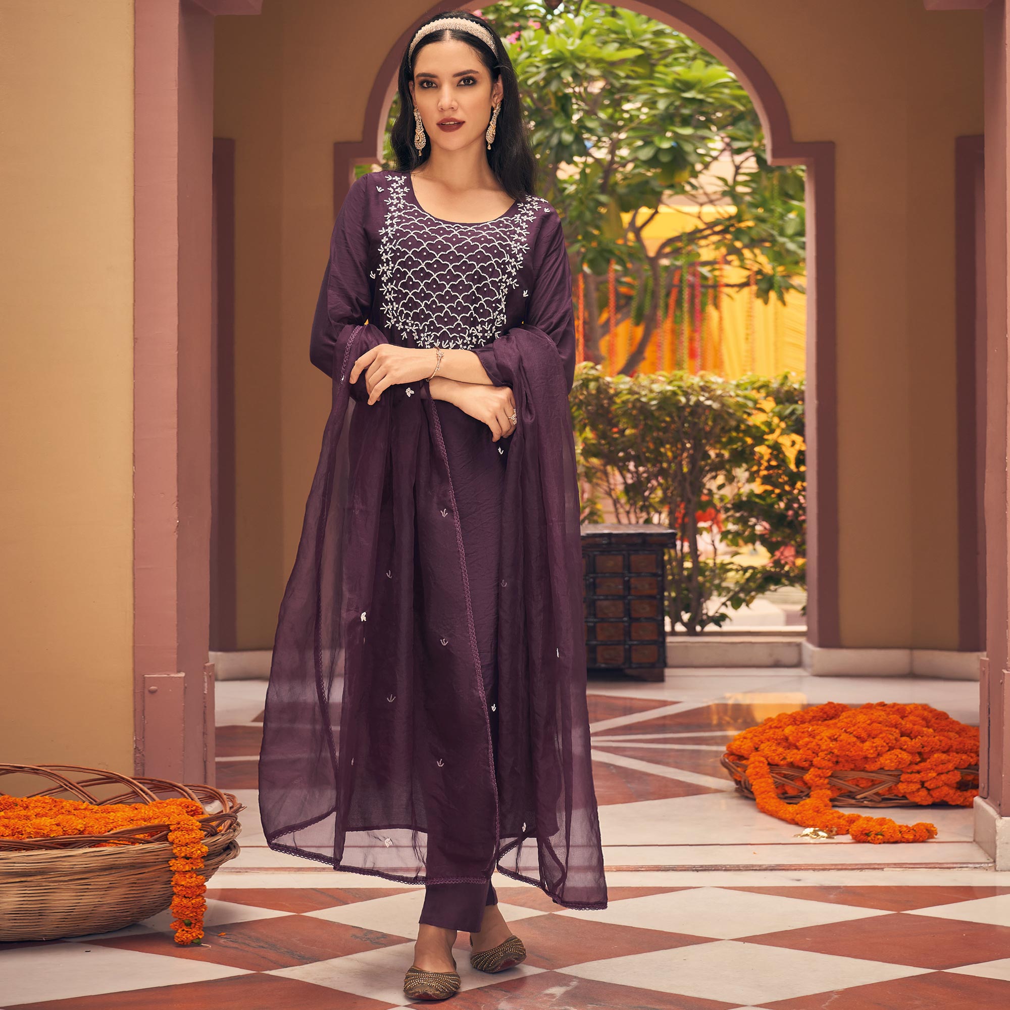 Wine Embellished Viscose Salwar Suit