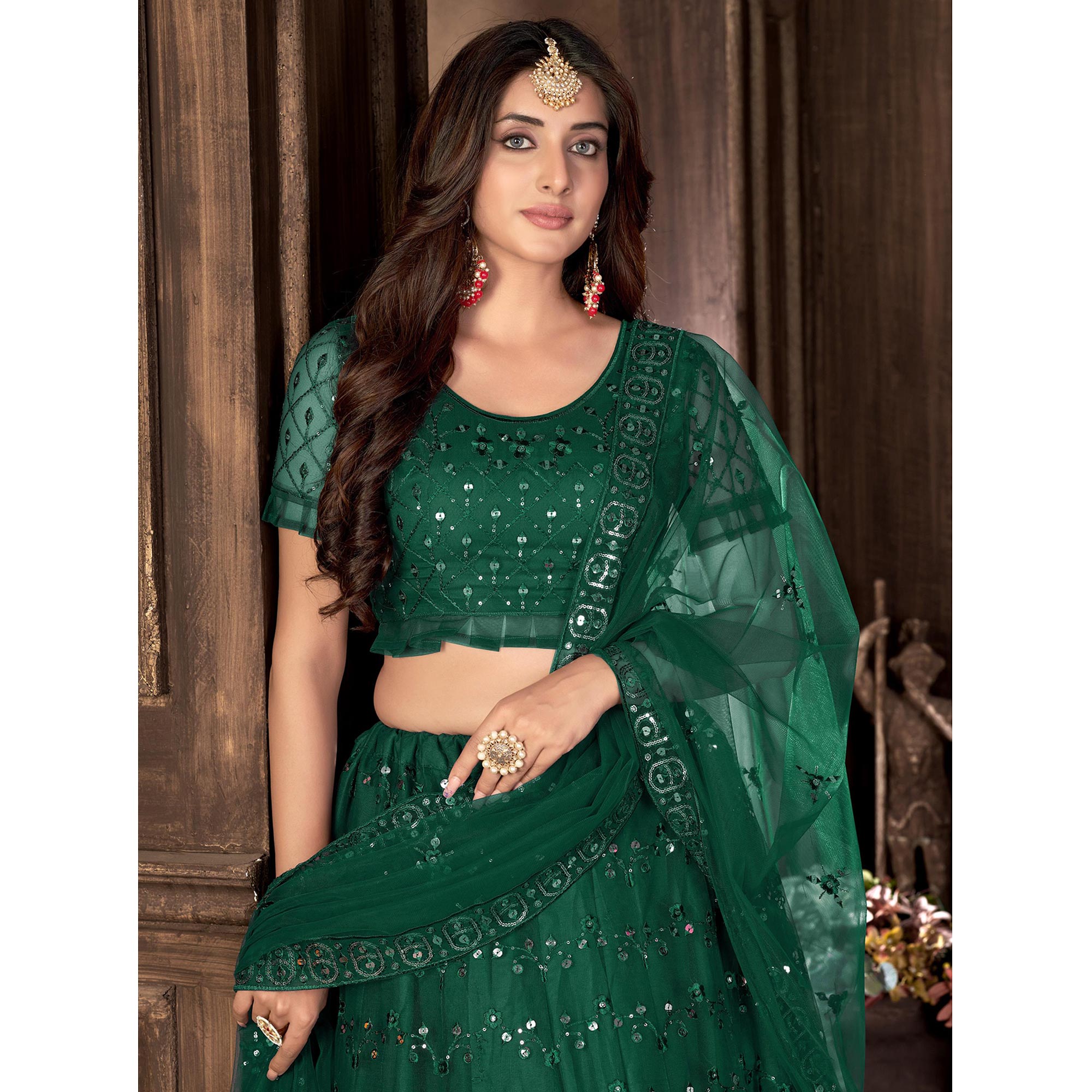 Green Sequins Embroidered Net Lehenga Choli