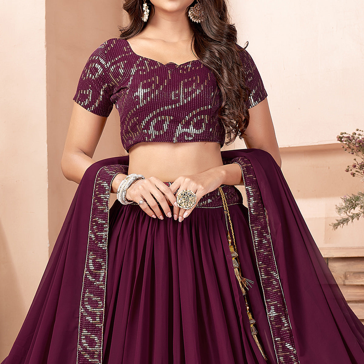 Purple Sequins Embroidered Georgette Lehenga Choli