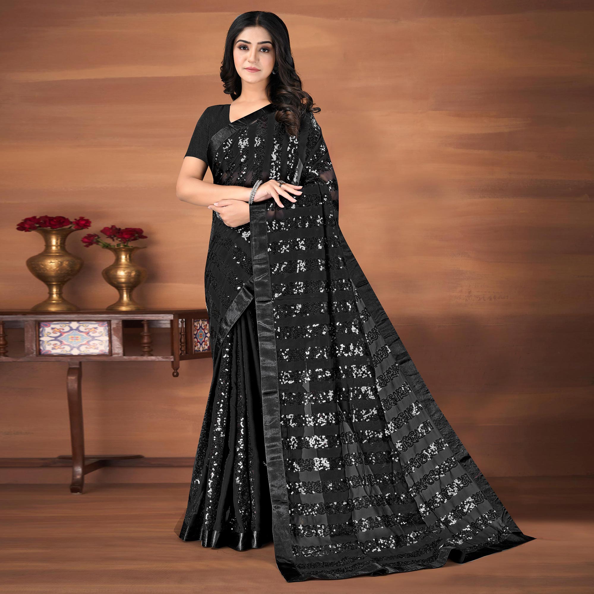 Black Sequins Embroidered Georgette Saree