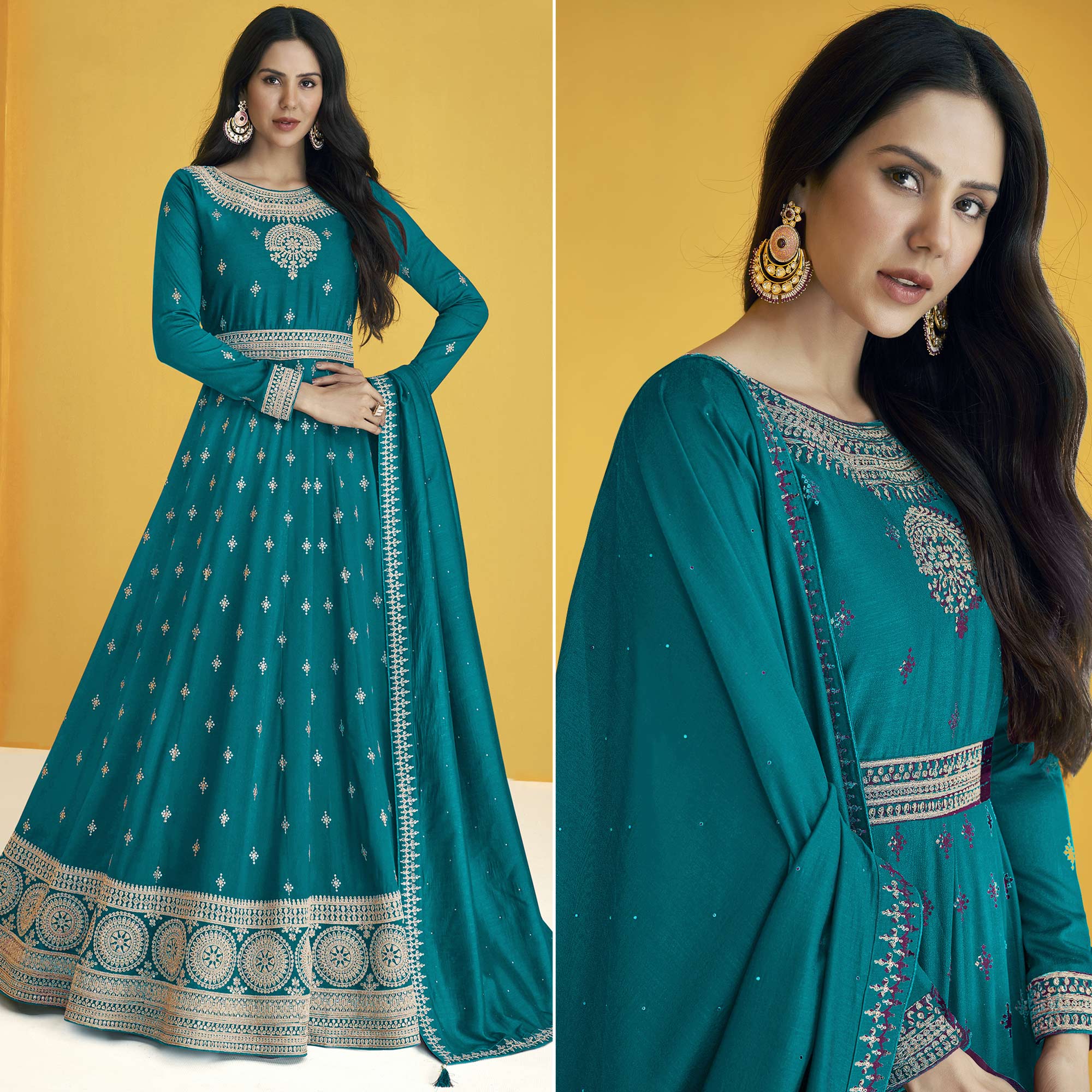 Teal Blue Sequins Embroidered Georgette Semi Stitched Anarkali Suit