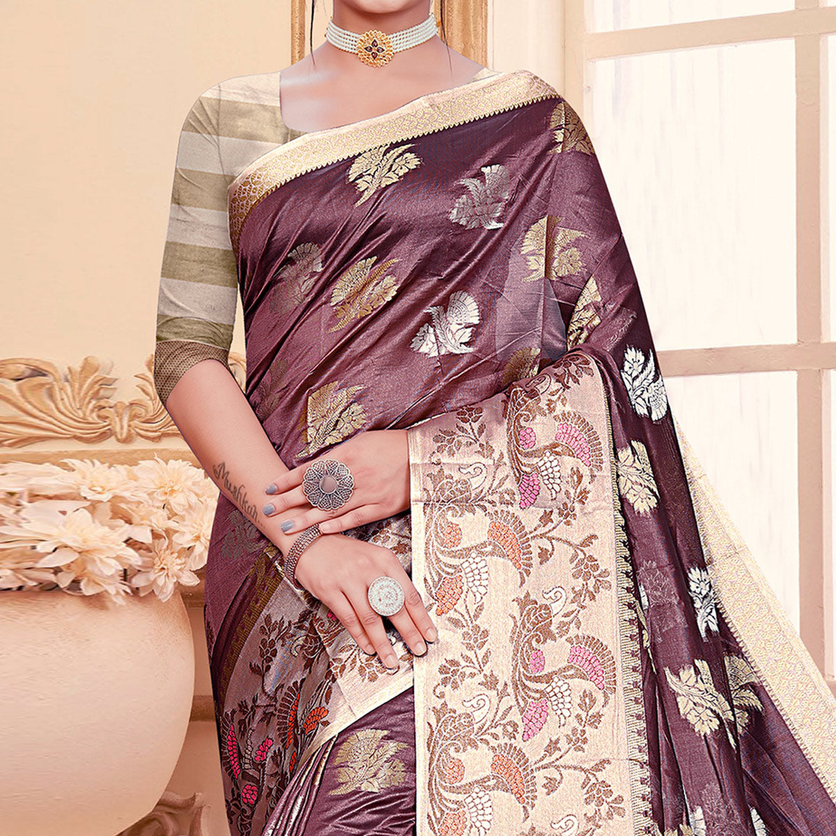 Dark Mauve Floral Woven Organza Saree With Tassels