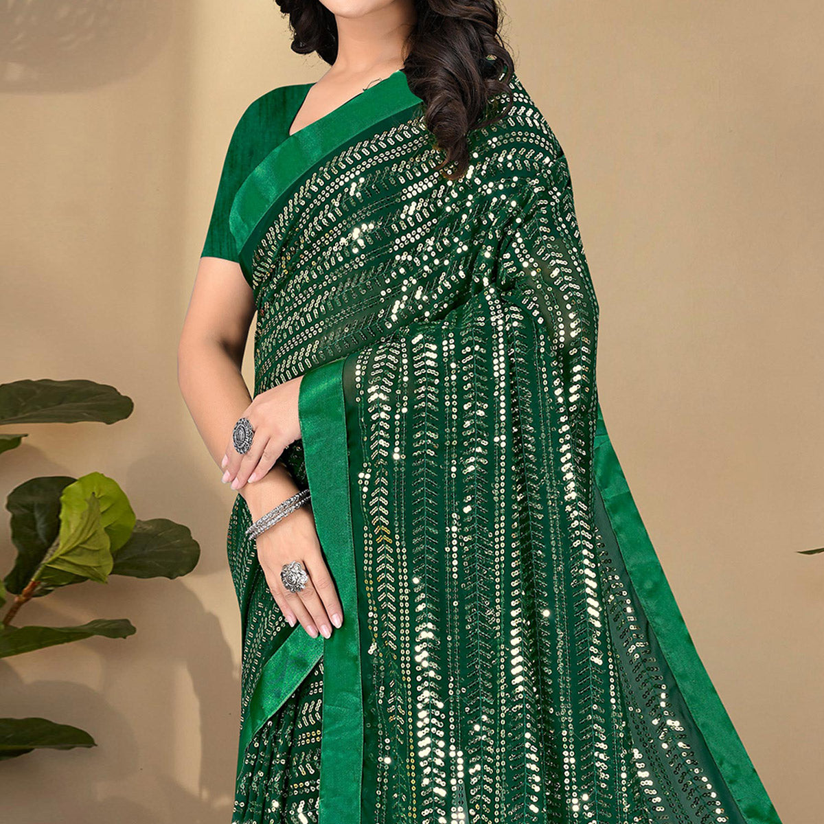 Green Sequins Embroidered Georgette Saree