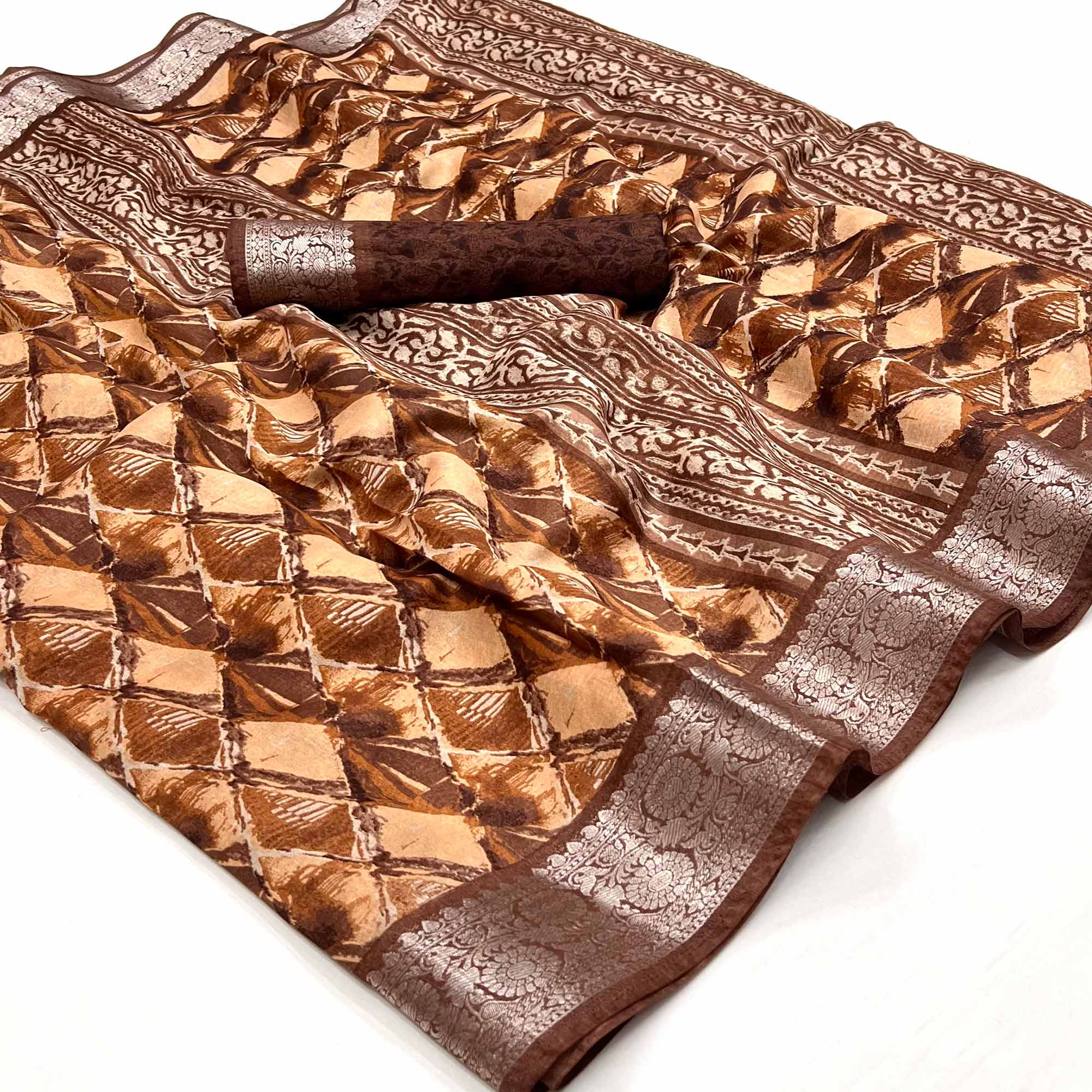 Brown Floral Printed With Woven Dola Silk Saree