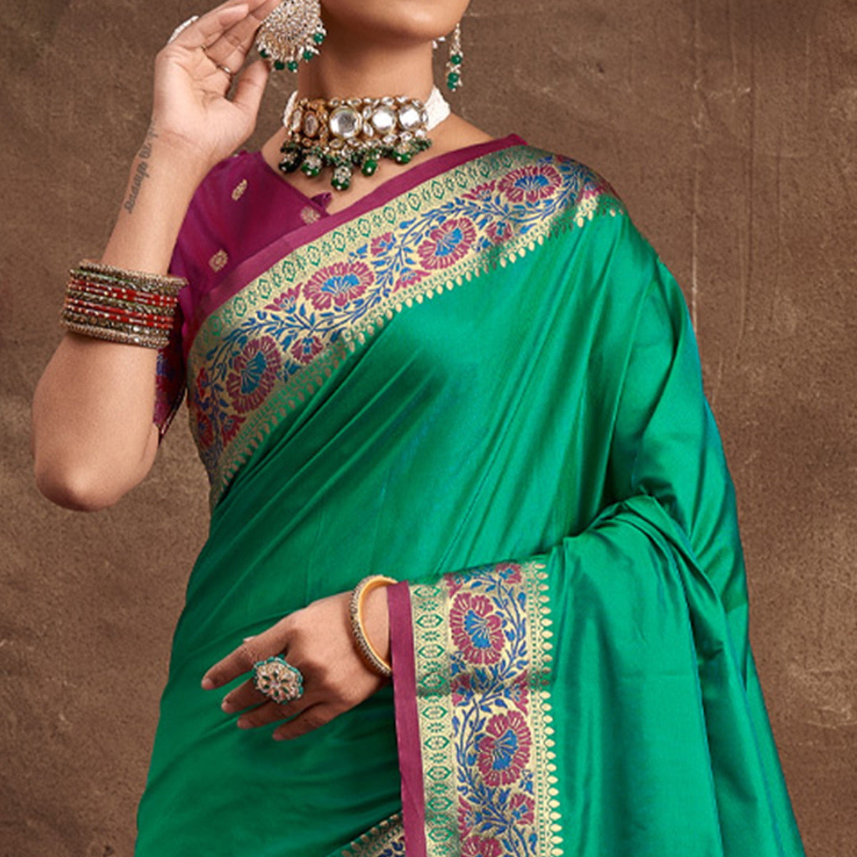 Green Woven Banarasi Silk Saree With Tassels