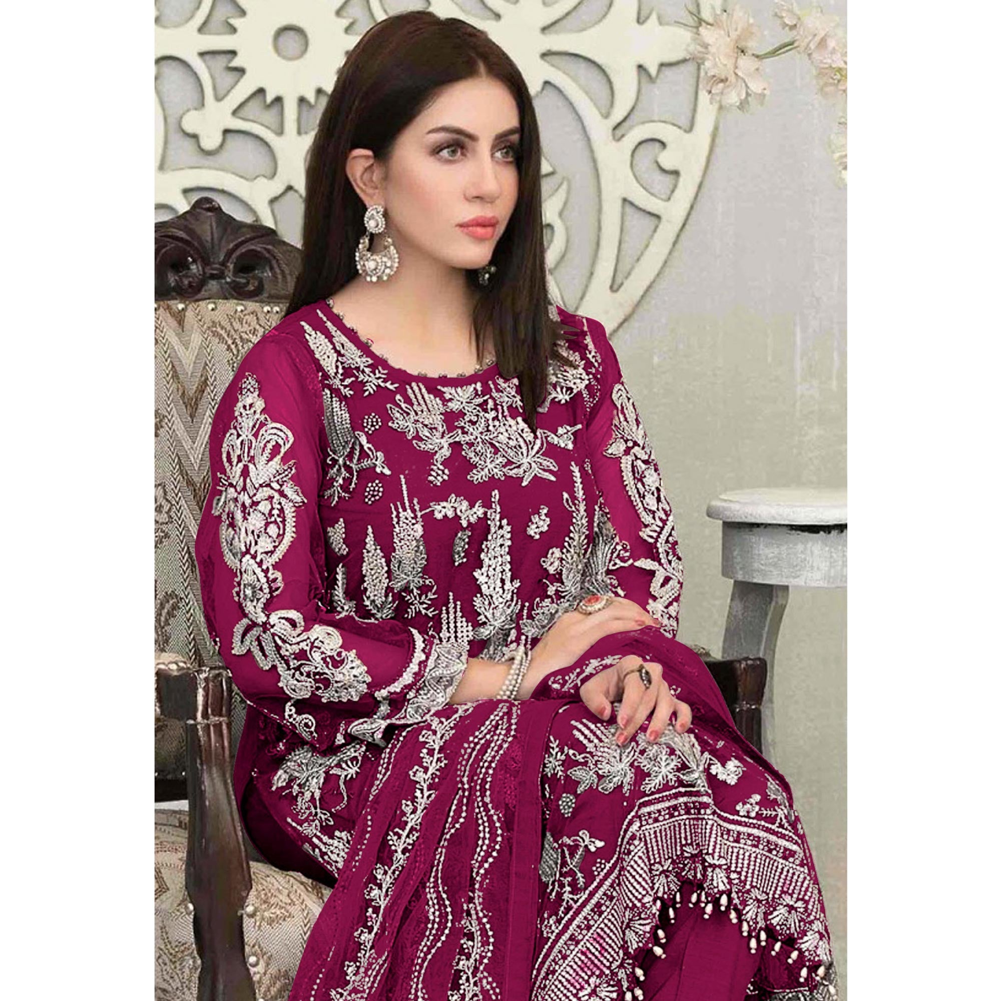 Pink Floral Embroidered Georgette Pakistani Suit