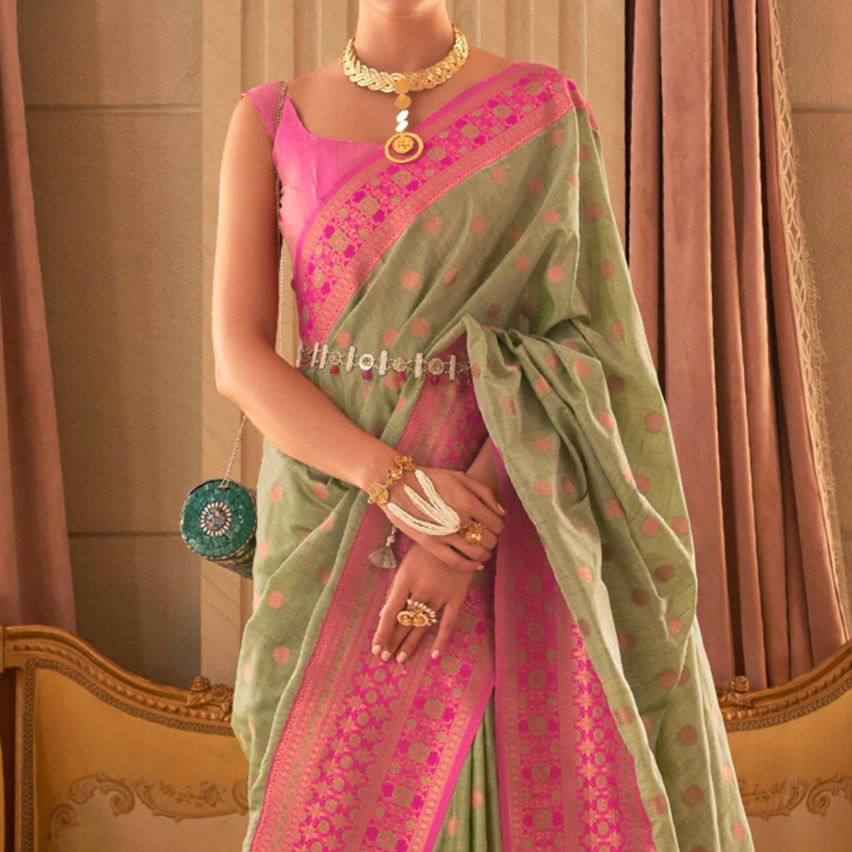 Pista Green Woven Art Silk Saree With Tassels