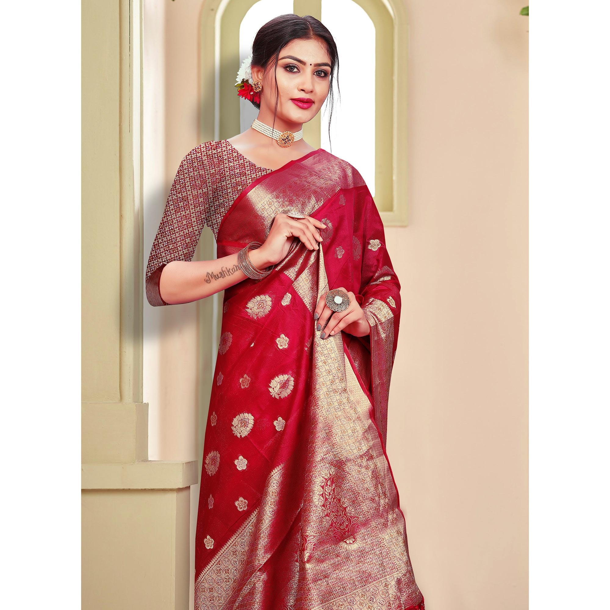 Red Floral Woven Organza Saree