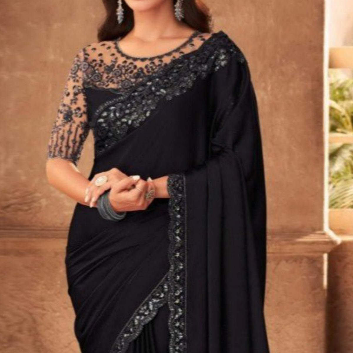 Black Embroidered Art Silk Saree