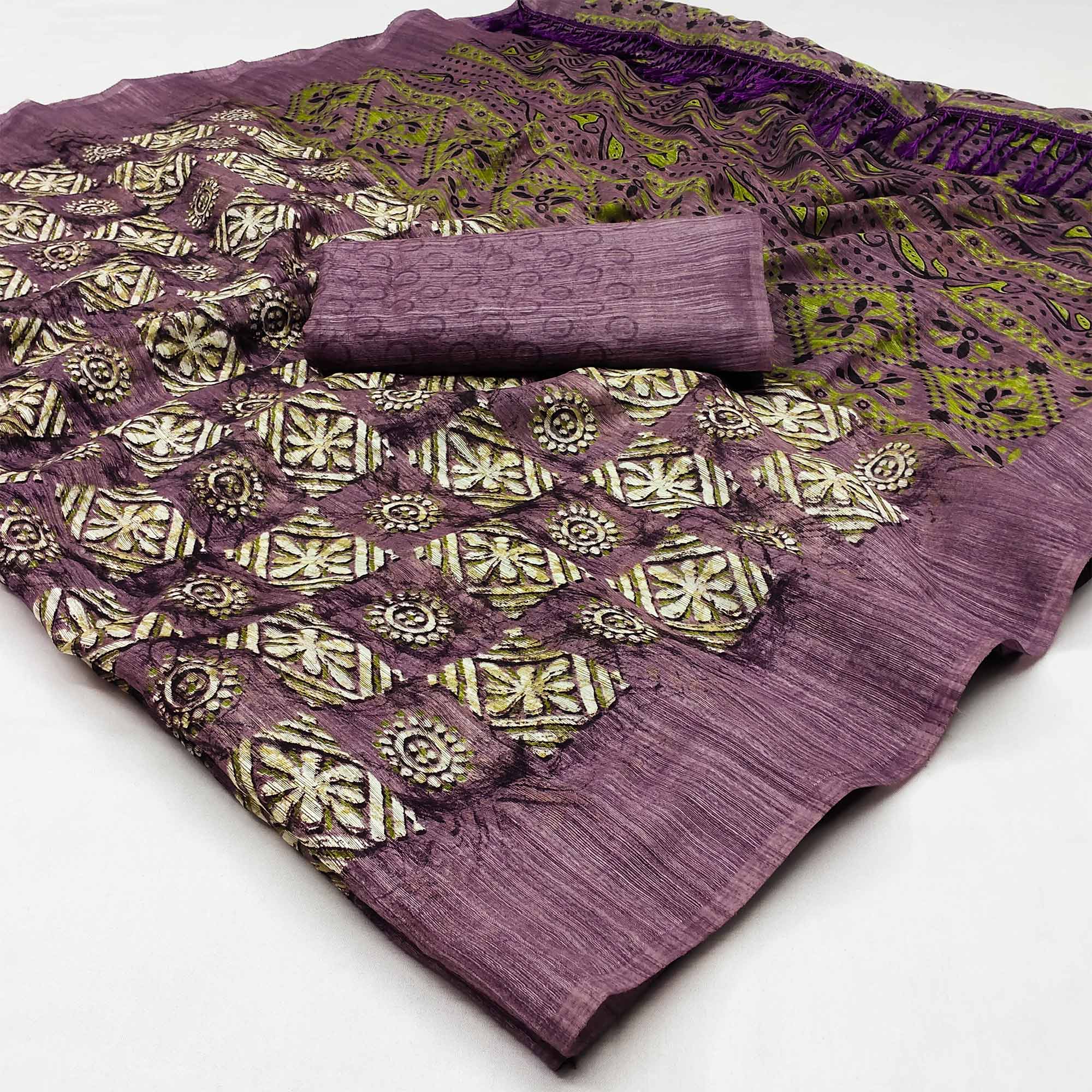 Mauve Floral Printed Art Silk Saree