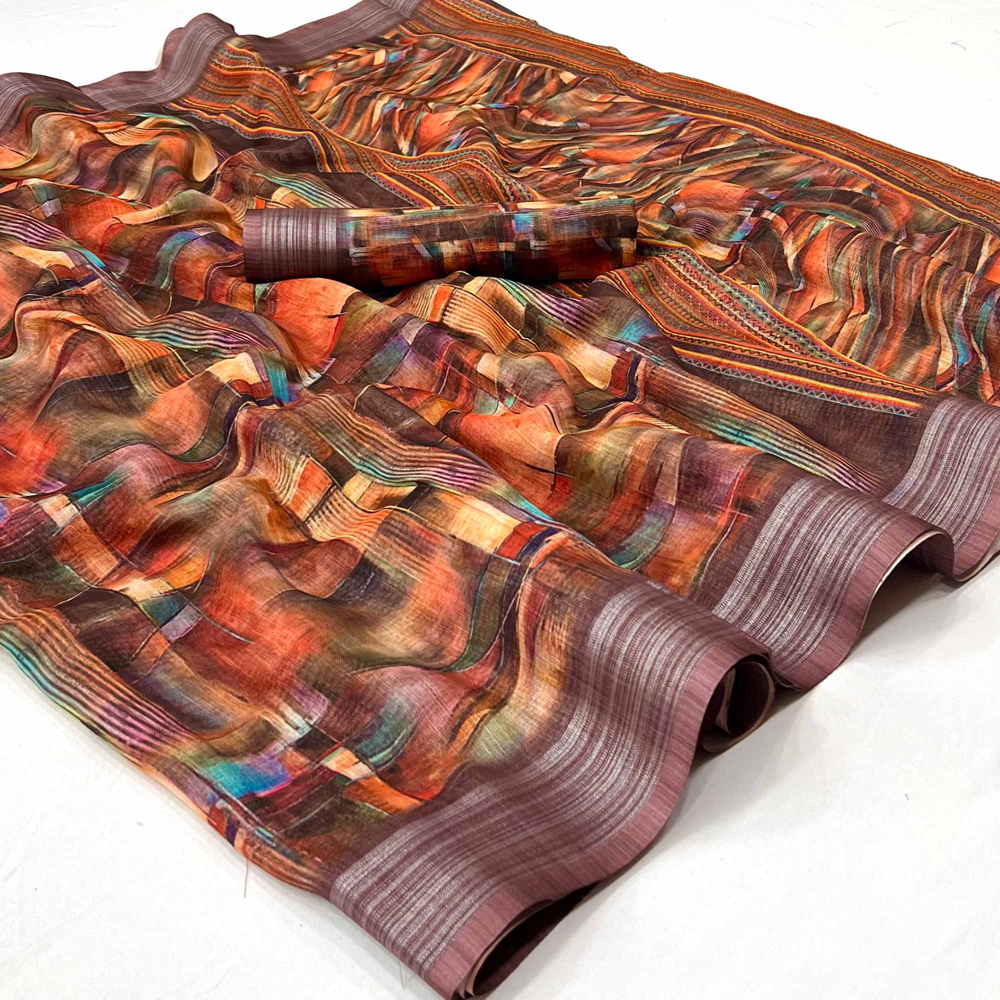 Multicolored Digital Printed Linen Saree
