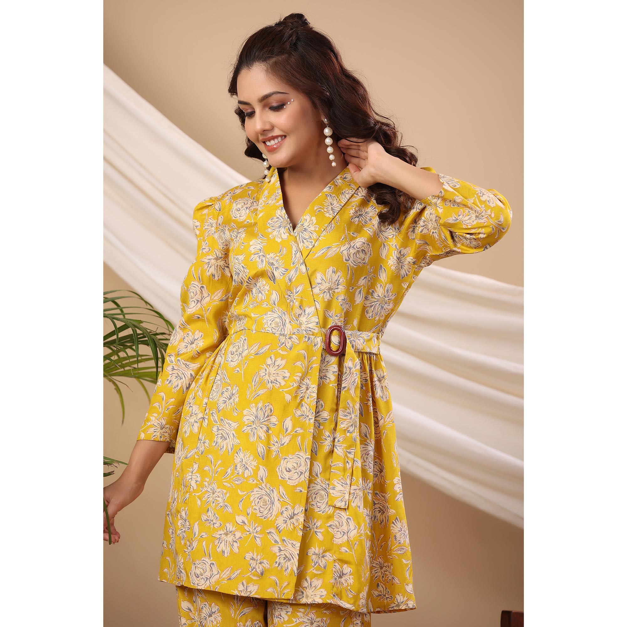 Yellow Floral Printed Muslin Co Ord Set