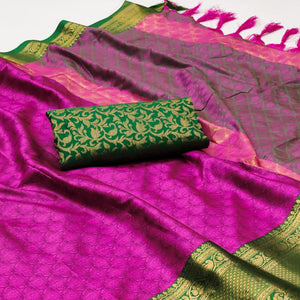 Rani Pink Printed And Woven Cotton Silk Saree With Tassels