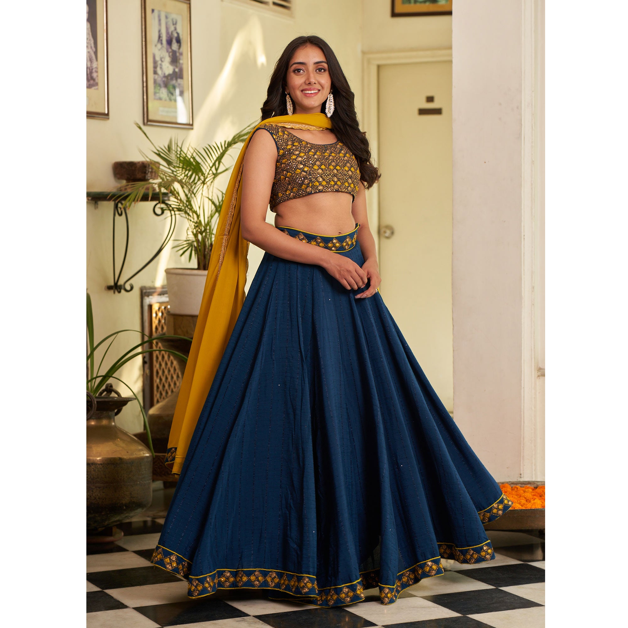 Blue Sequins Embroidered Chanderi Lehenga Choli