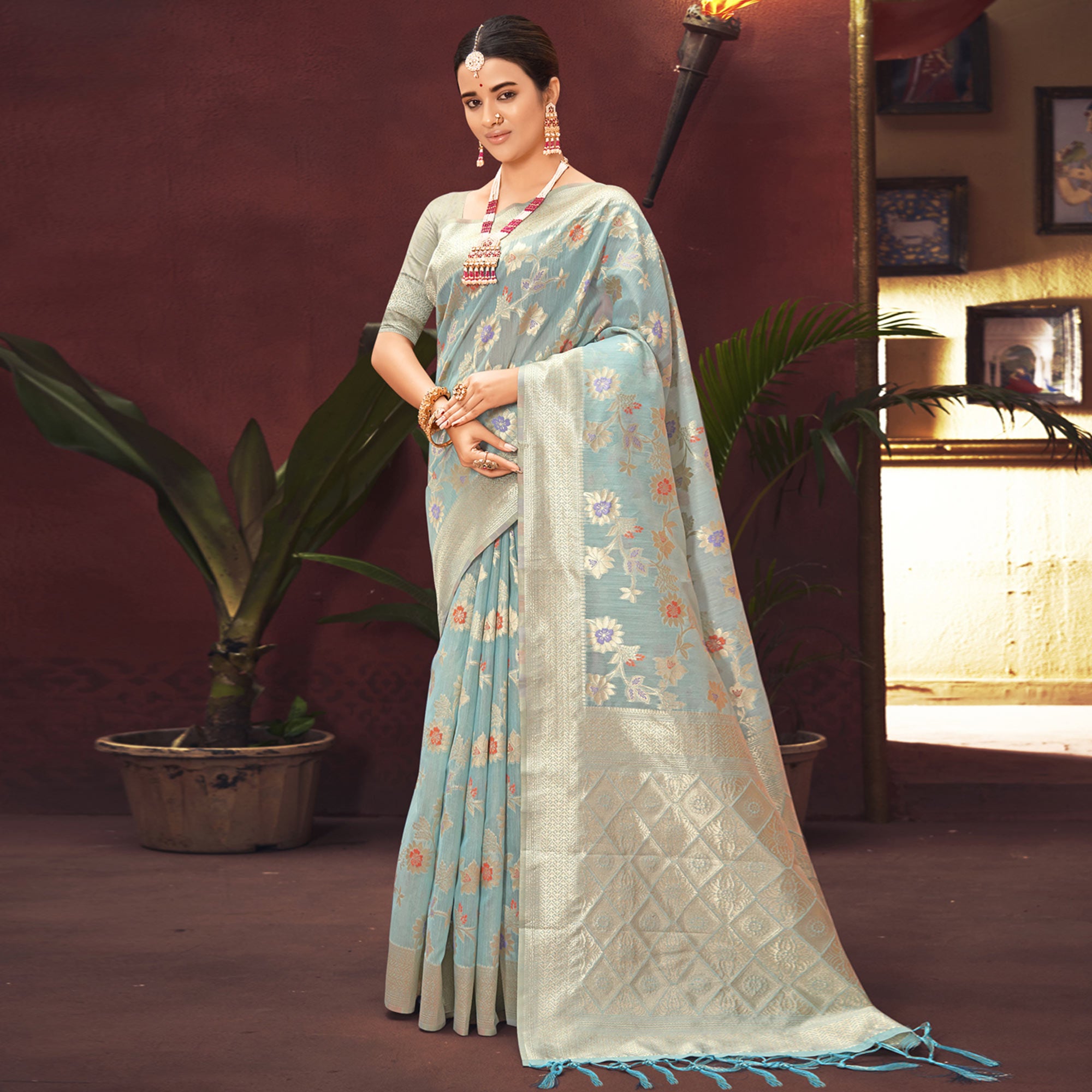 Blue Floral Woven Art Silk Saree
