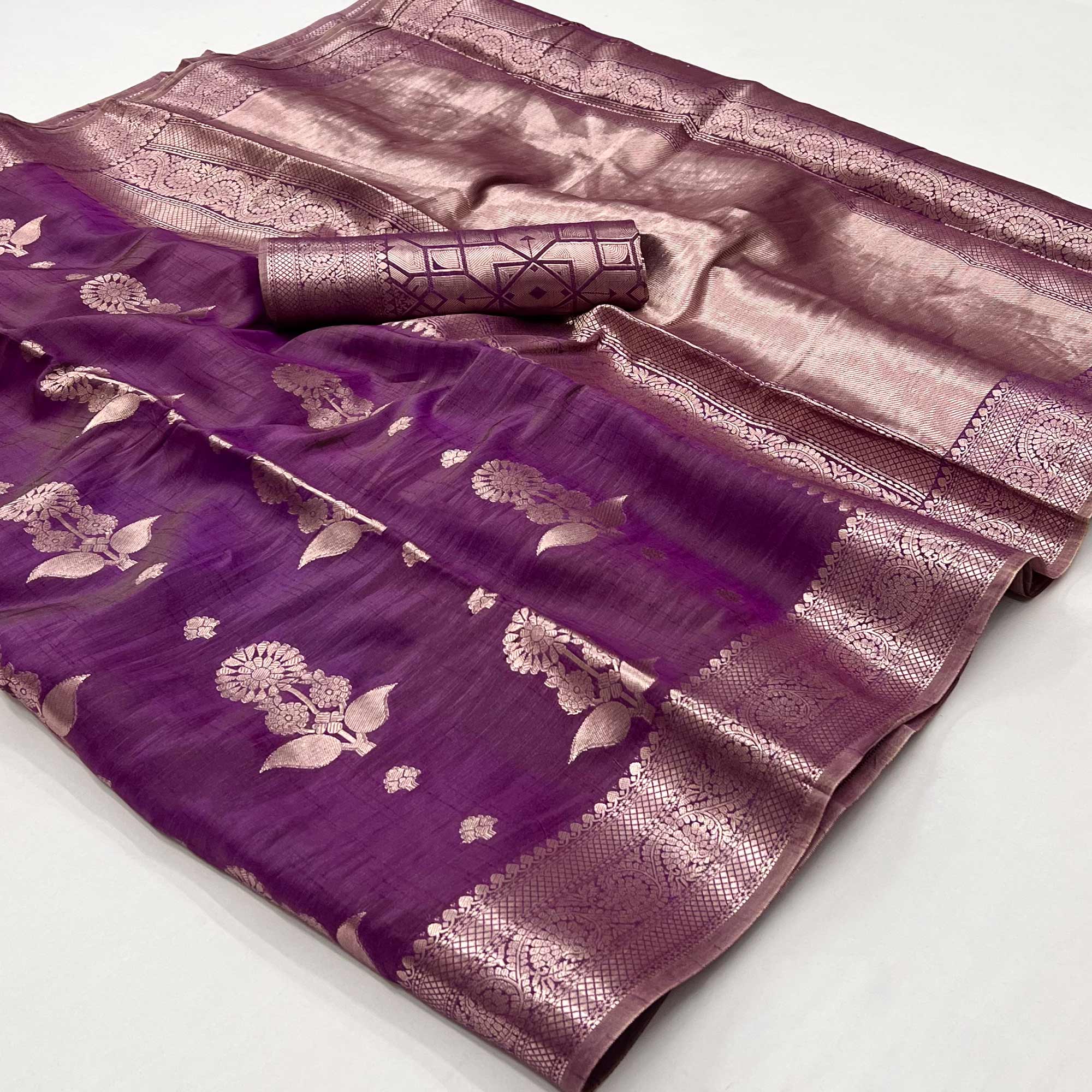Violet Floral Woven Organza Saree