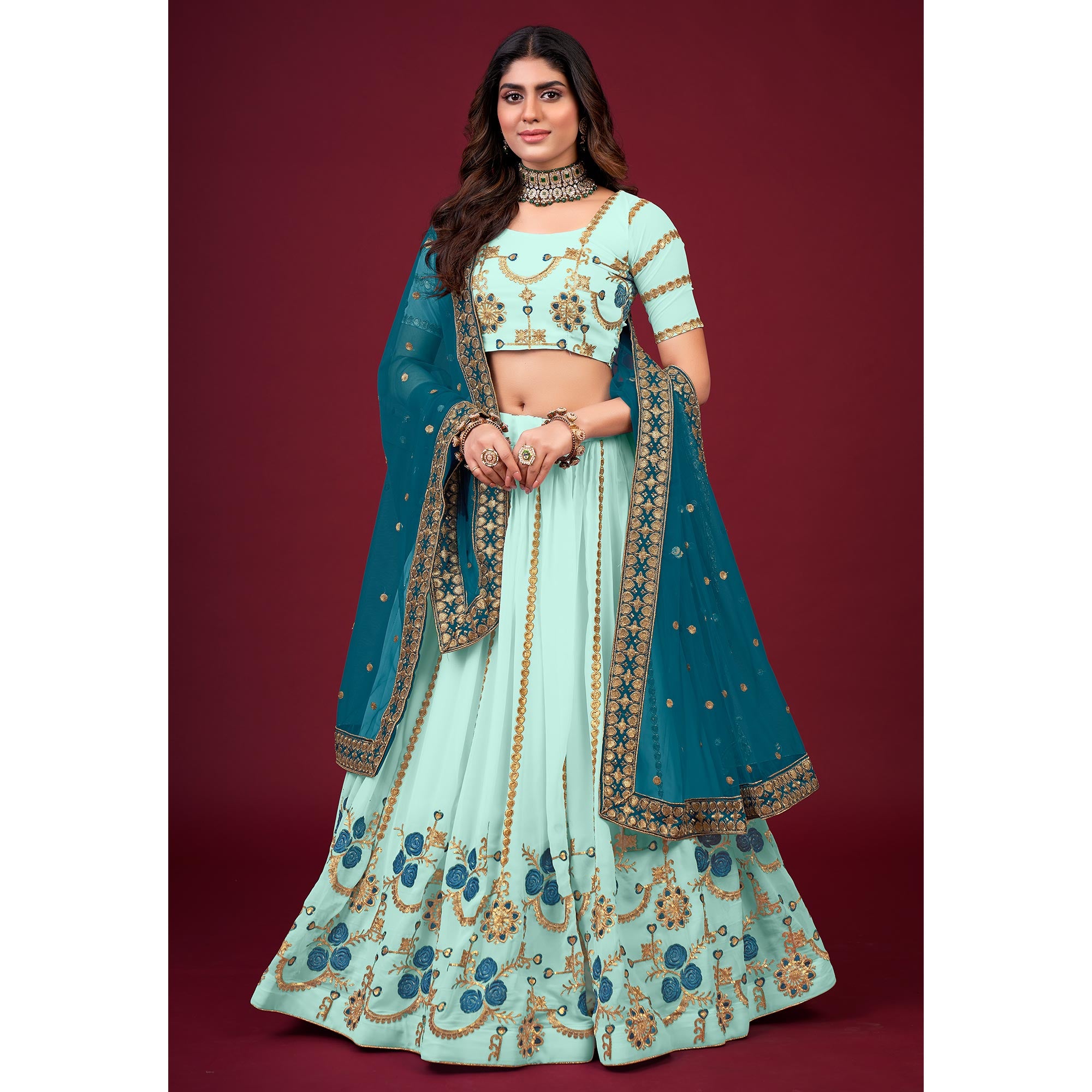 Sky Blue Embroidered Georgette Lehenga Choli