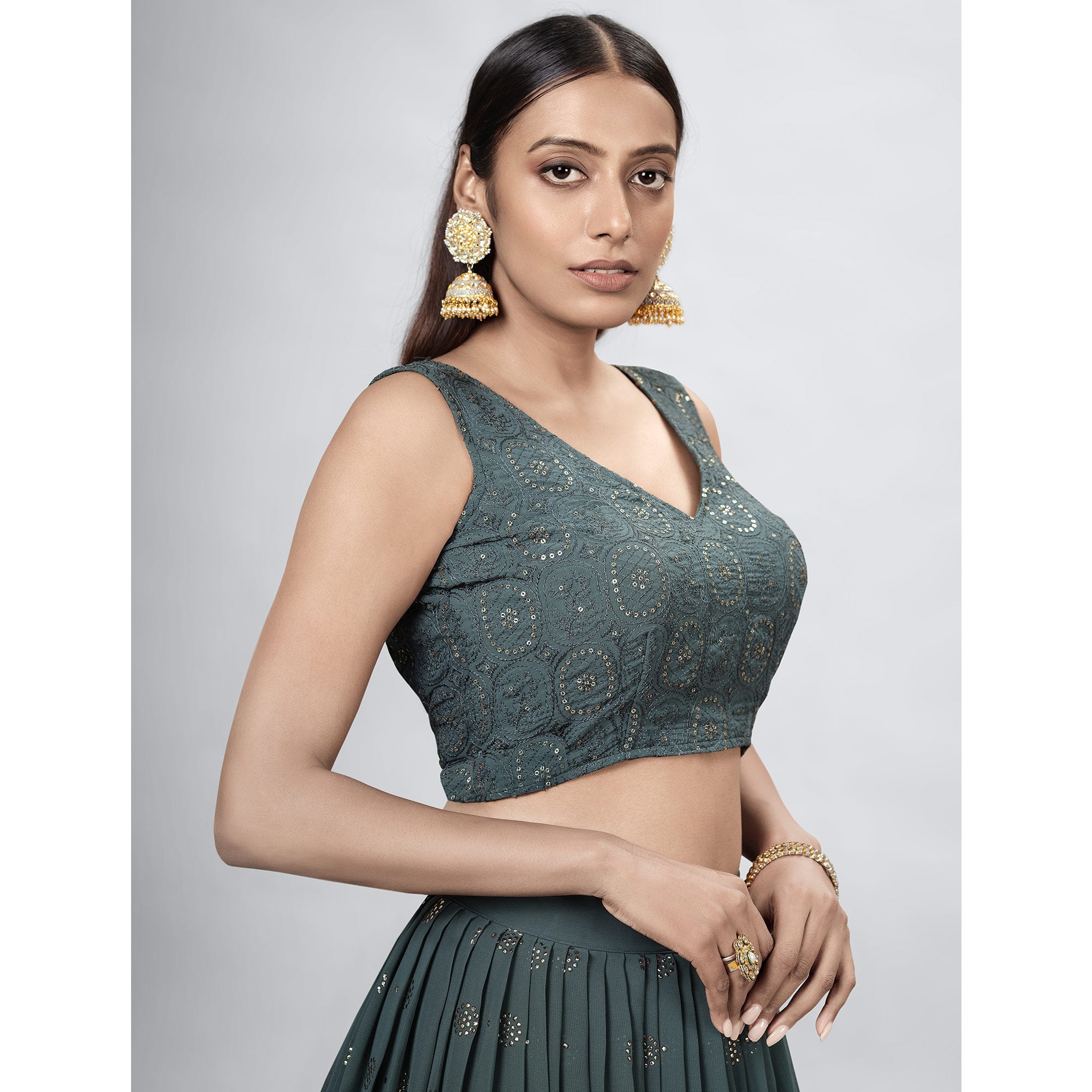 Dark Grey Embellished With Embroidered Georgette Lehenga Choli