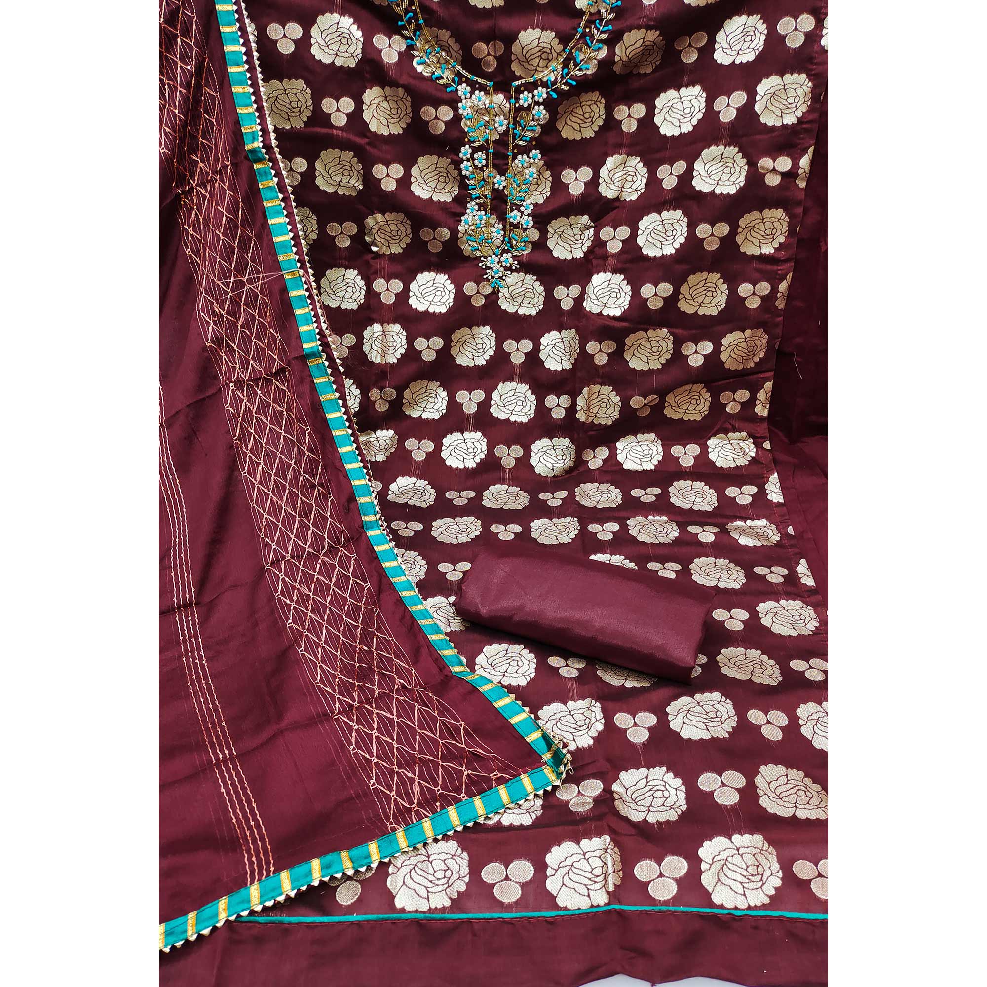 Maroon Woven Banarasi Silk Dress Material