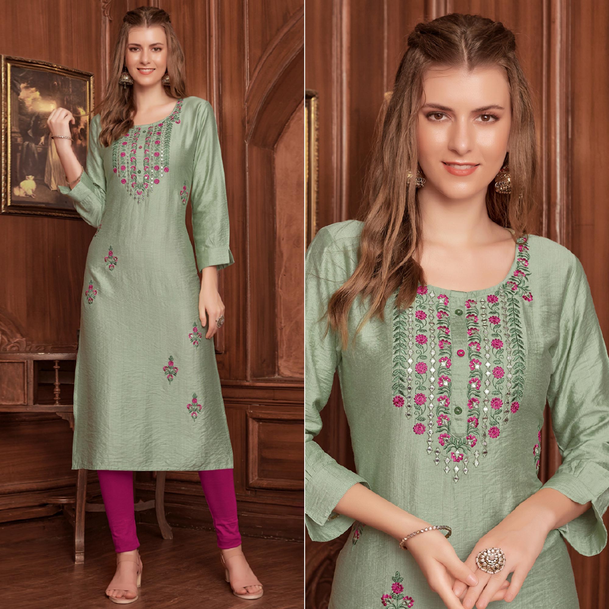 Green Floral Embroidered Rayon Kurti