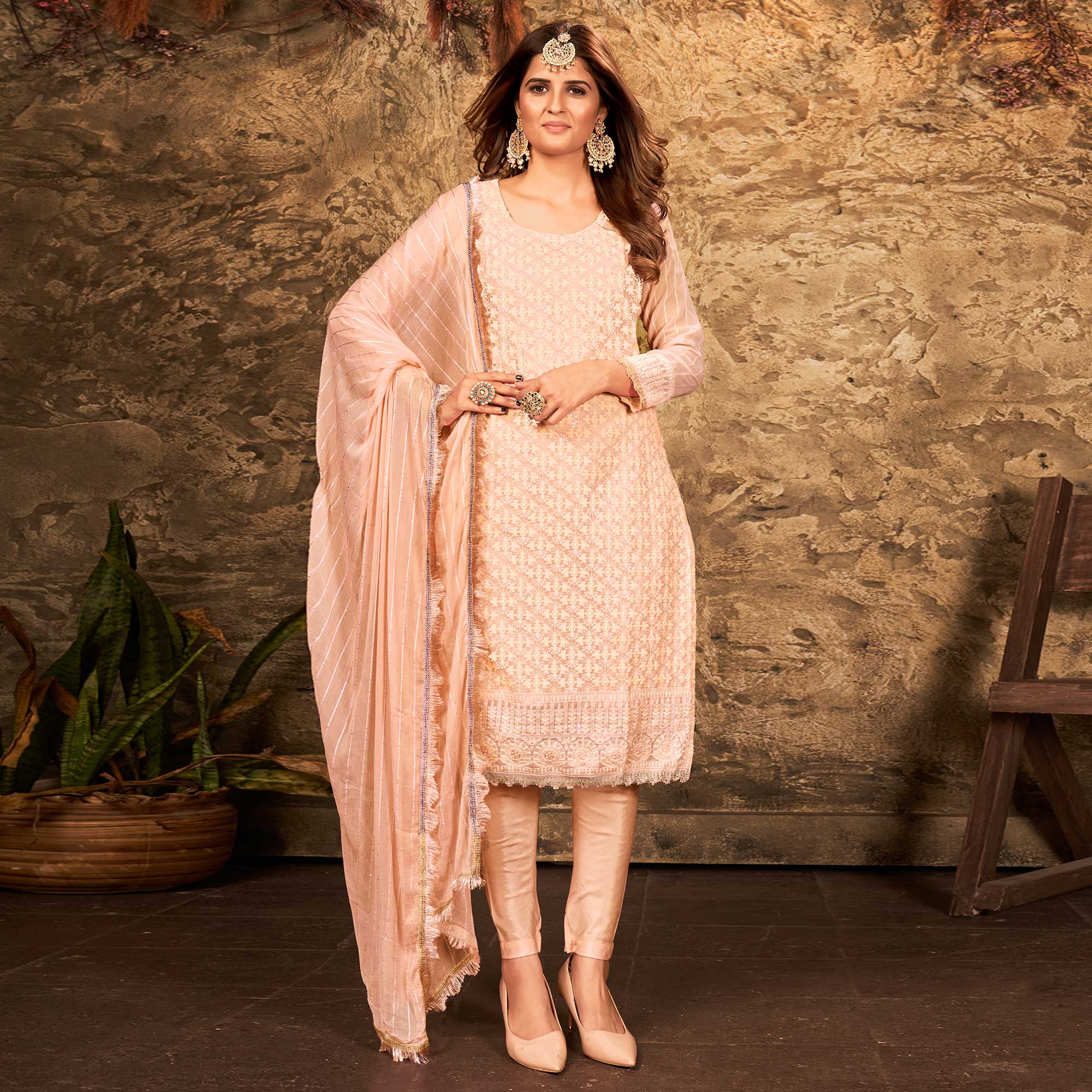 Peach Floral Sequins Embroidered Georgette Suit