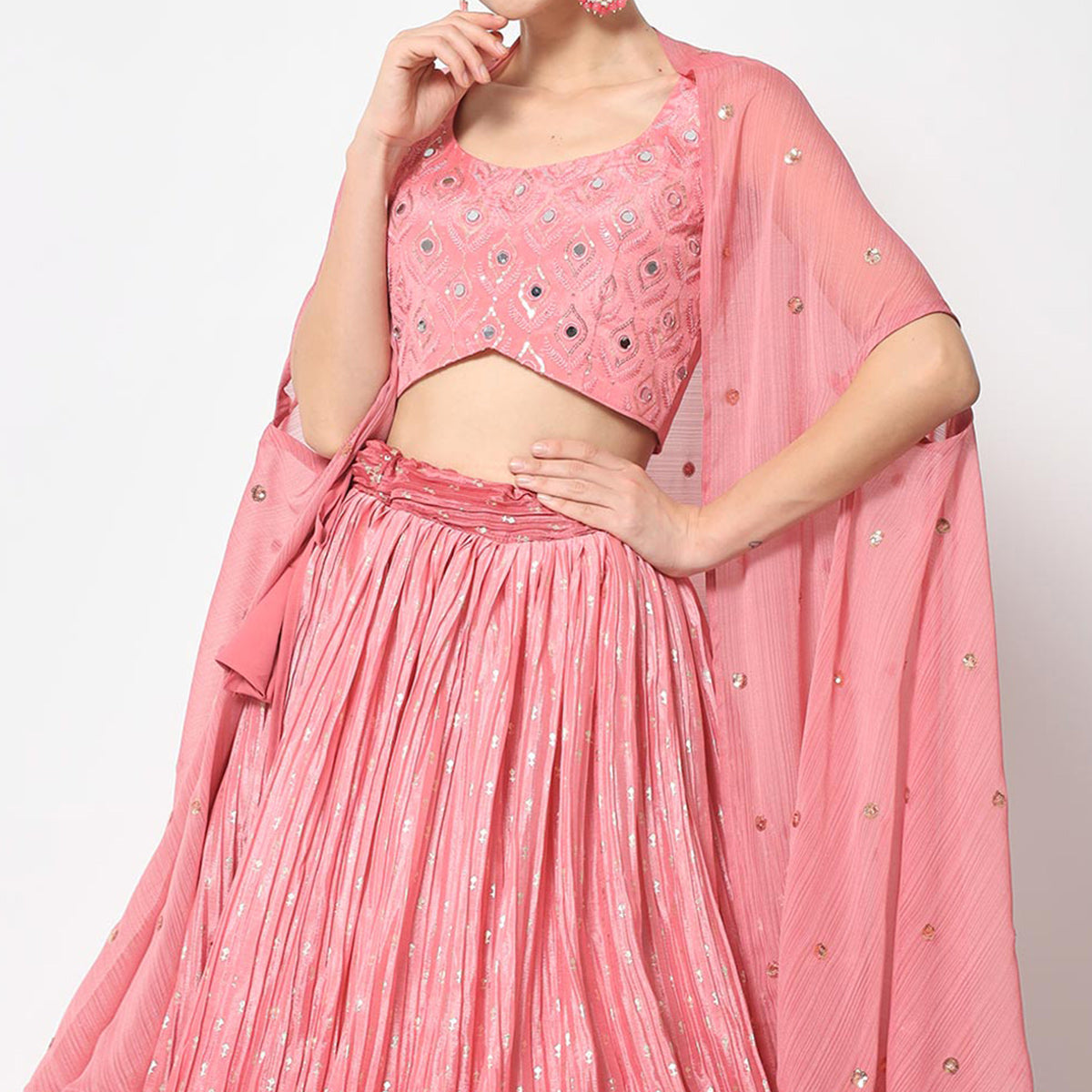 Pink Foil Printed Chiffon Lehenga Choli