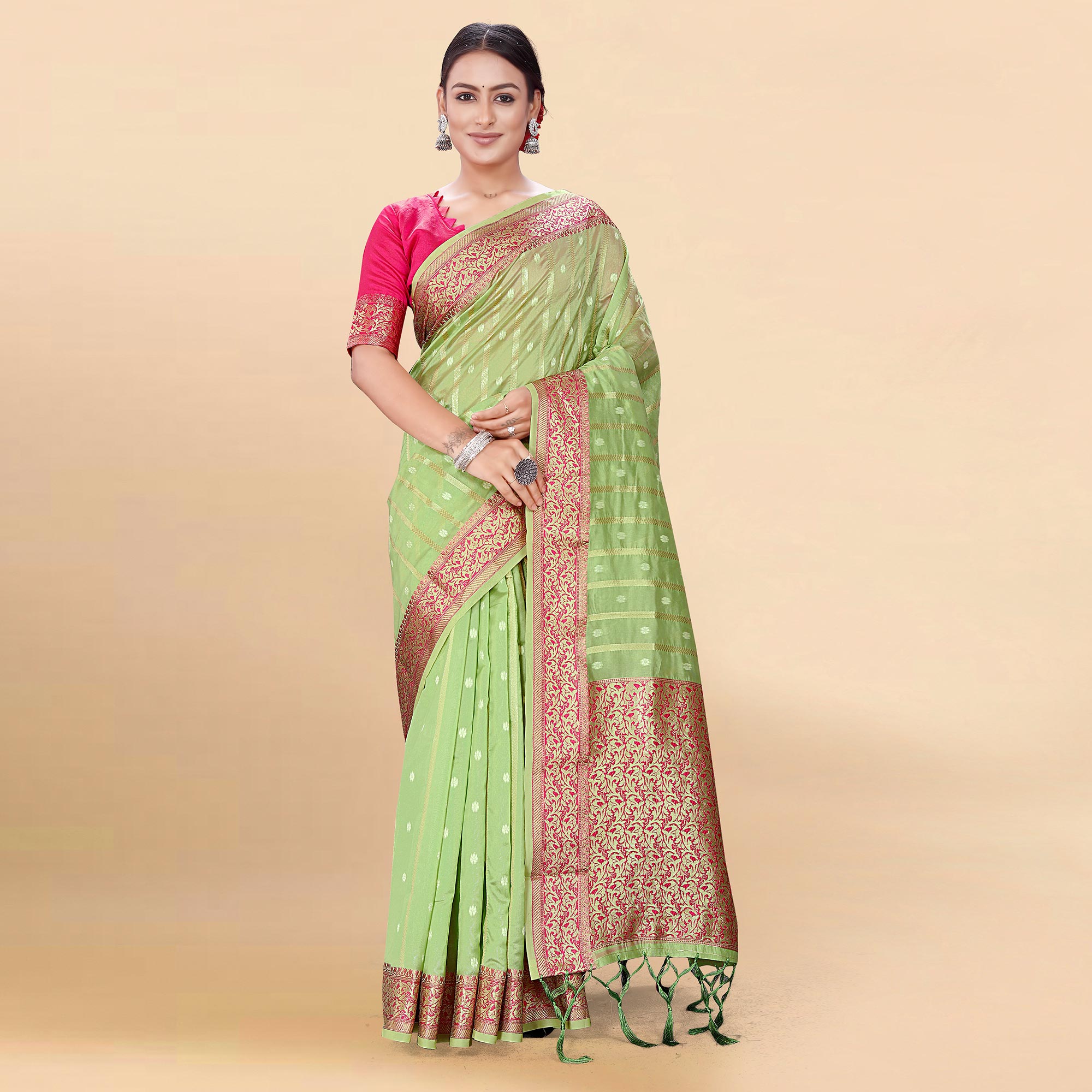 Green Woven Organza Saree With Tassels