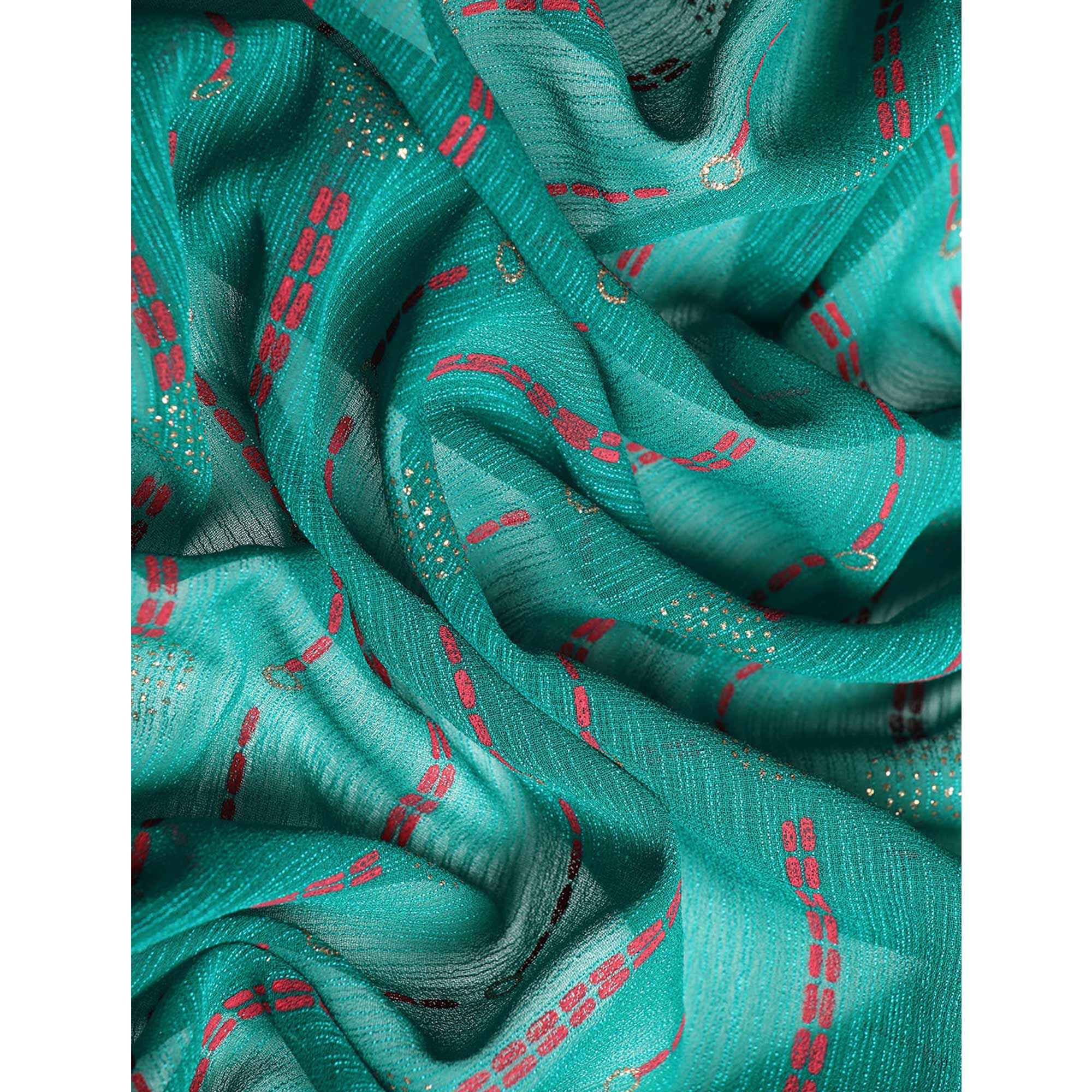 Turquoise Green Foil Printed Zomato Saree