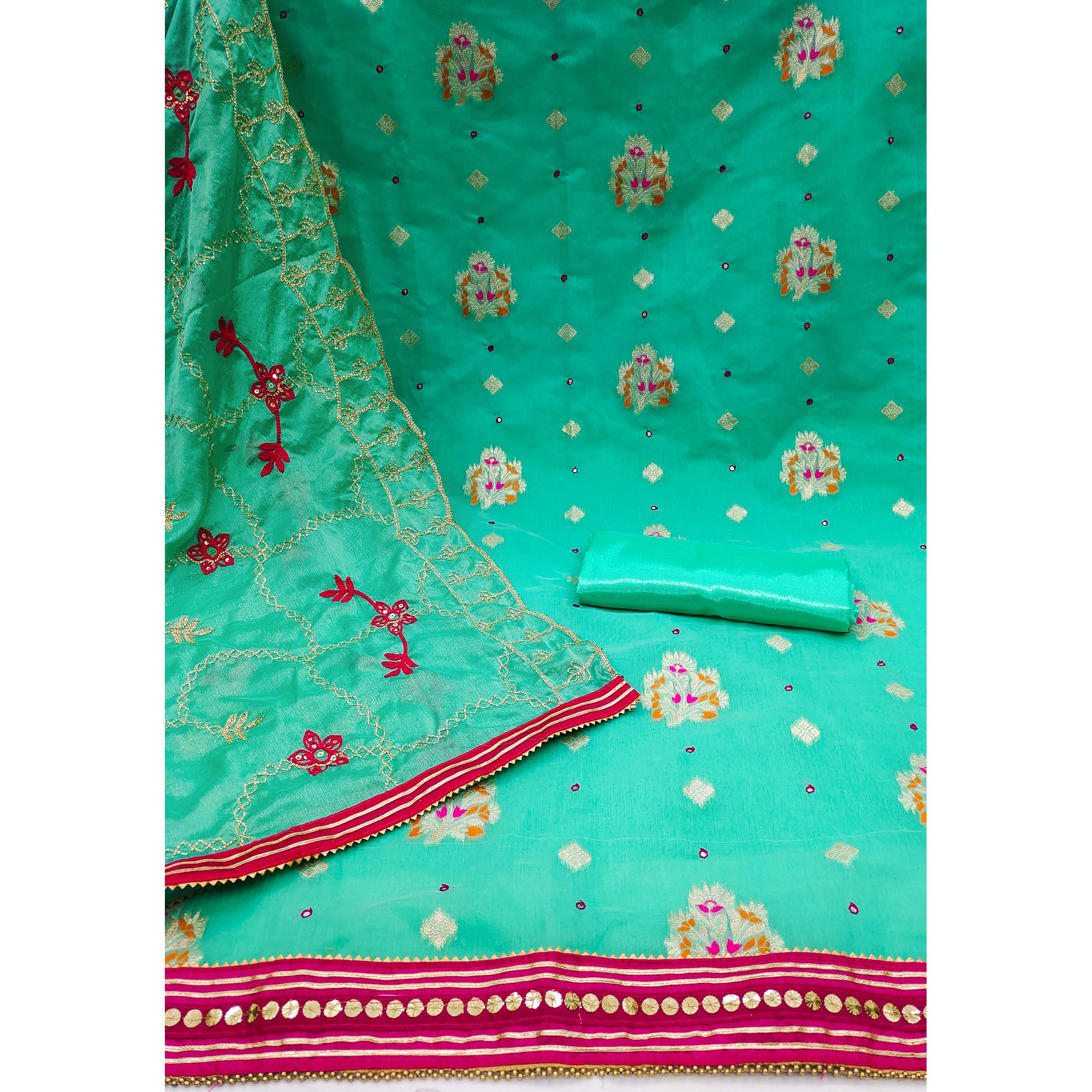 Turquoise Floral Woven Banarasi Silk Dress Material