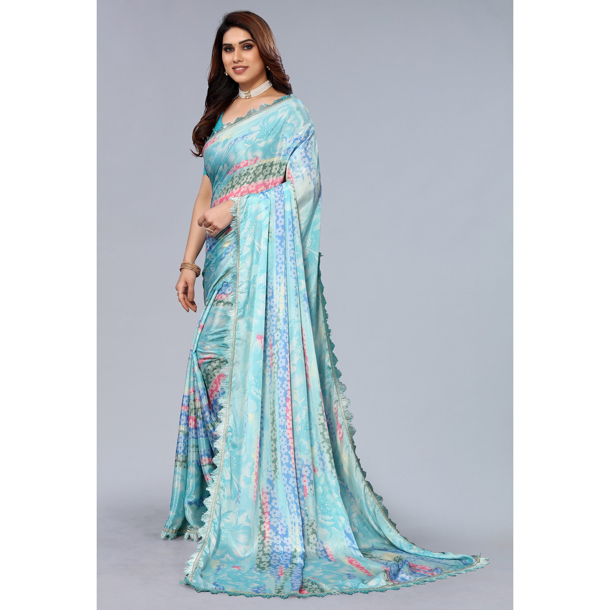 Sky Blue Floral Printed Art Silk Saree With Crochet Border