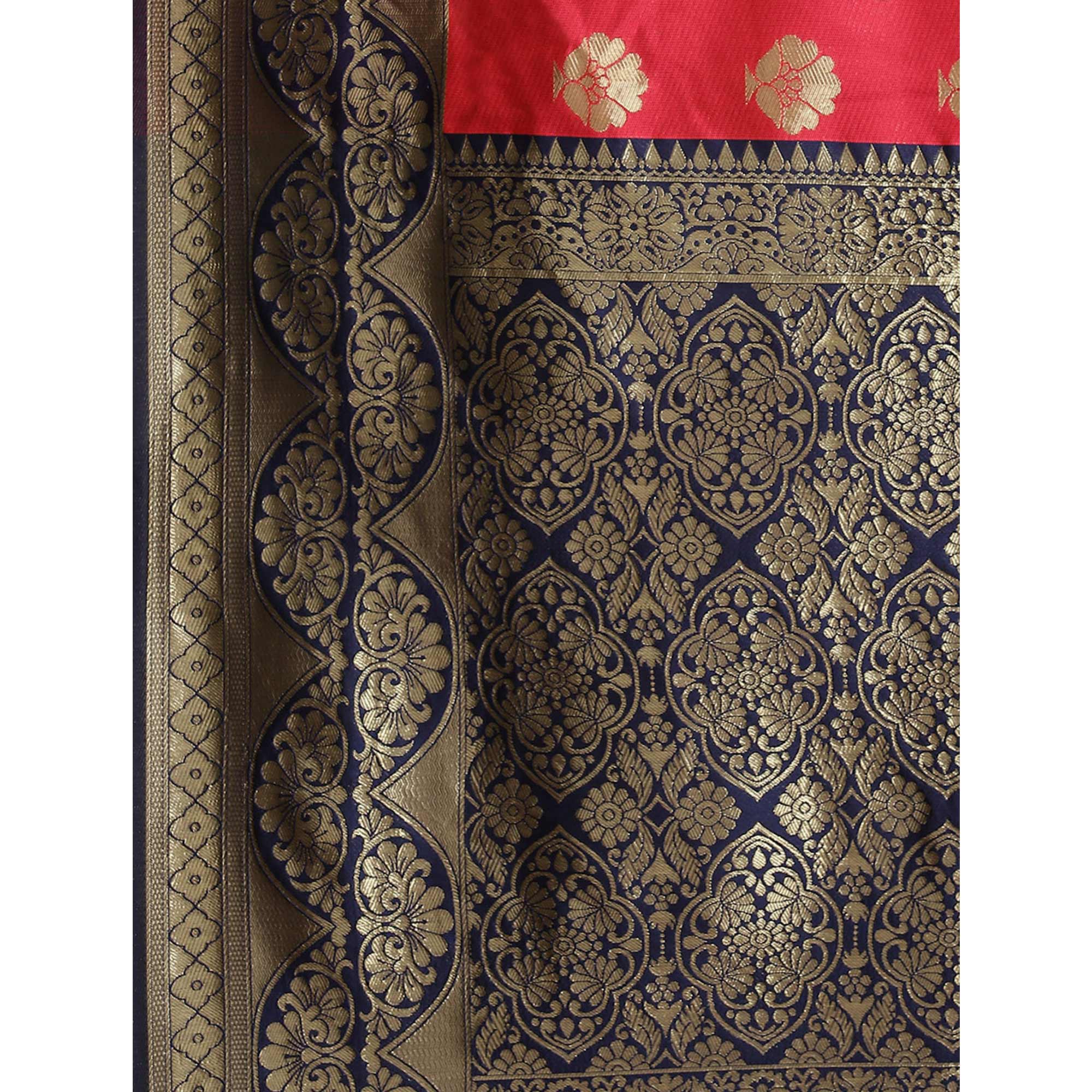 Pink & Navy Blue Woven Banarasi Silk Saree