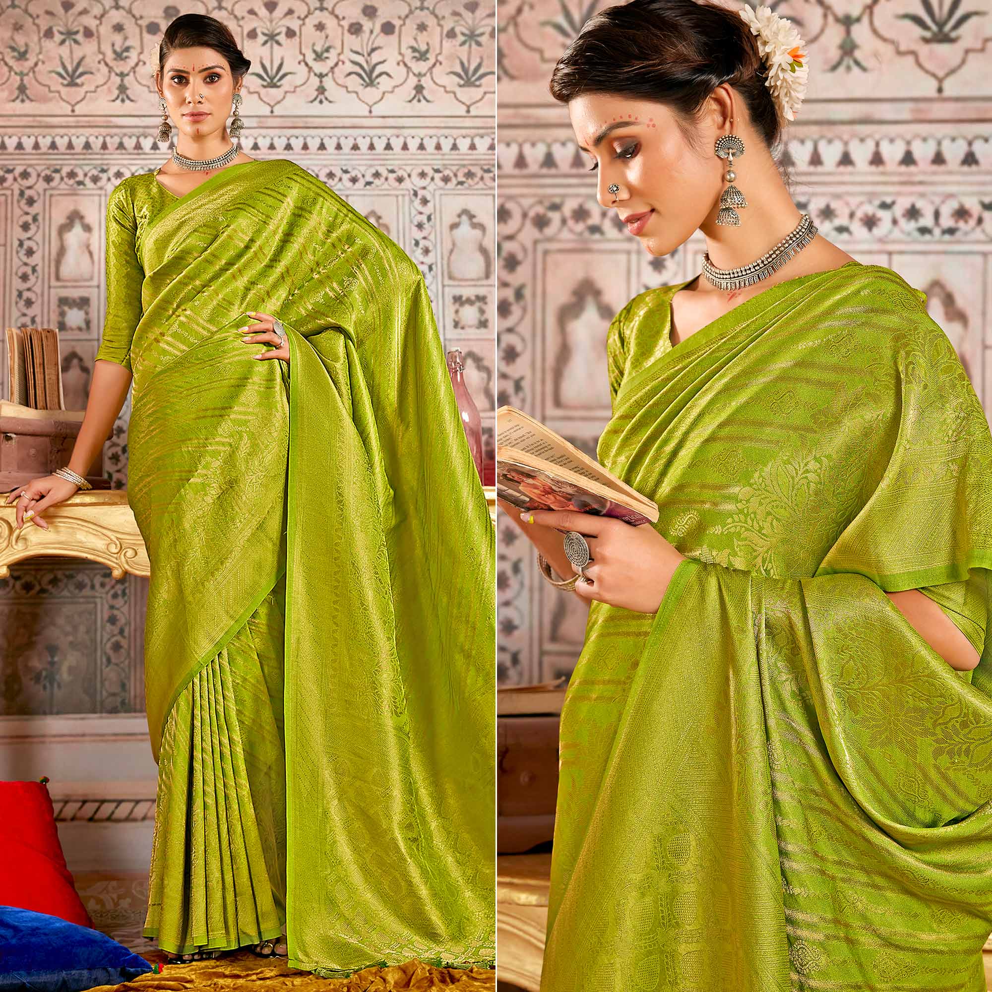 Green Floral Woven Art Silk Saree