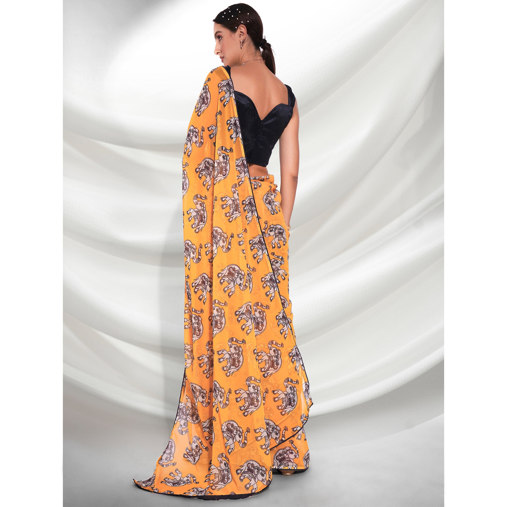 Yellow Printed Georgette Saree