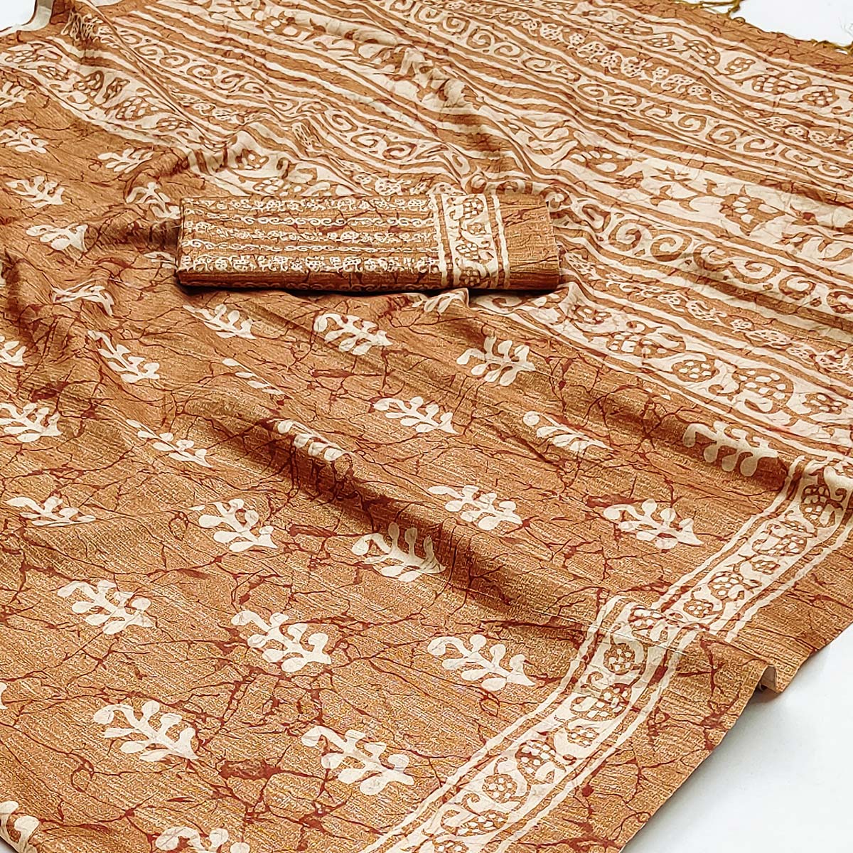 Brown Floral Digital Printed Tussar Silk Saree With Tassels