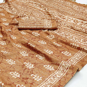 Brown Floral Digital Printed Tussar Silk Saree With Tassels