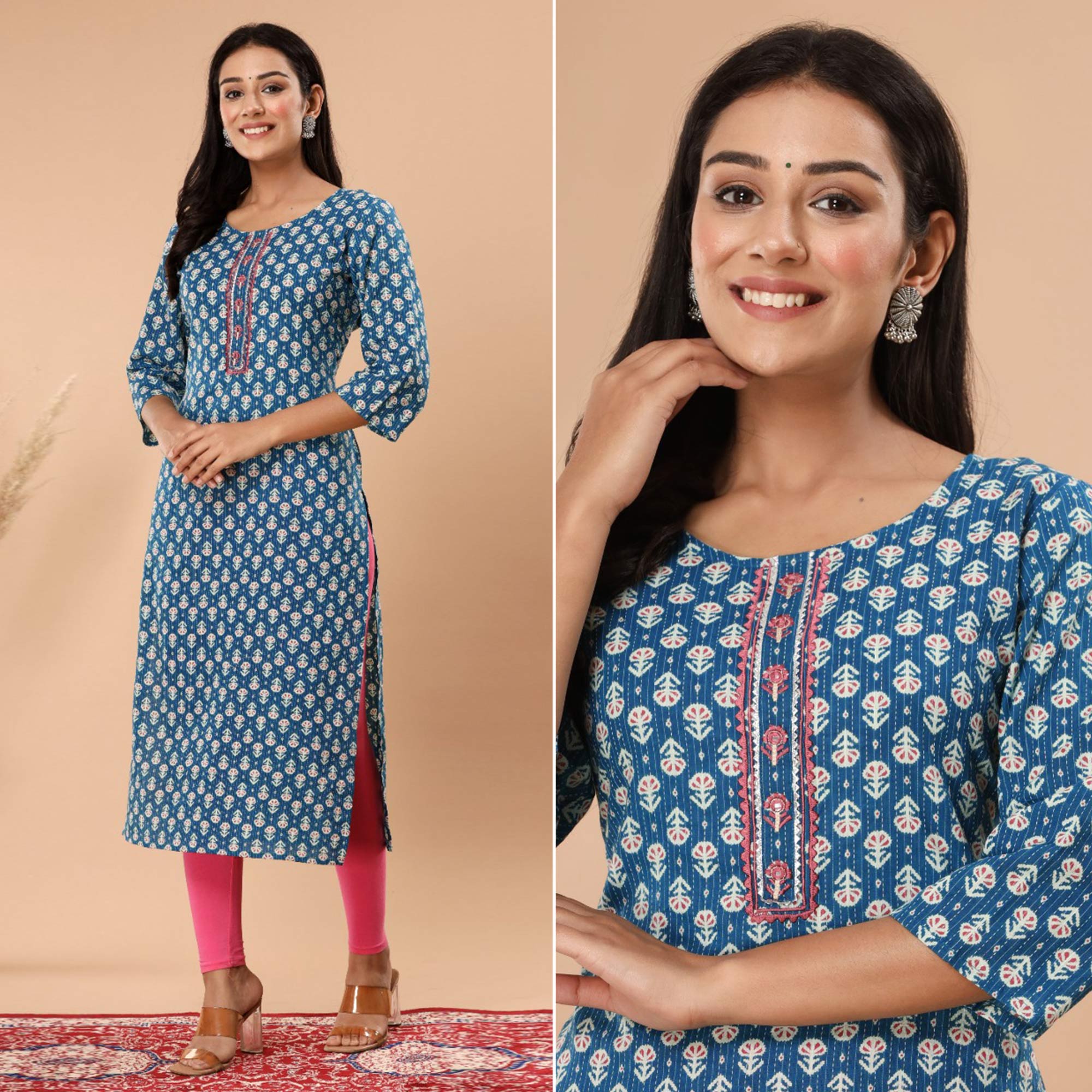 Blue Floral Printed Pure Cotton Kurti