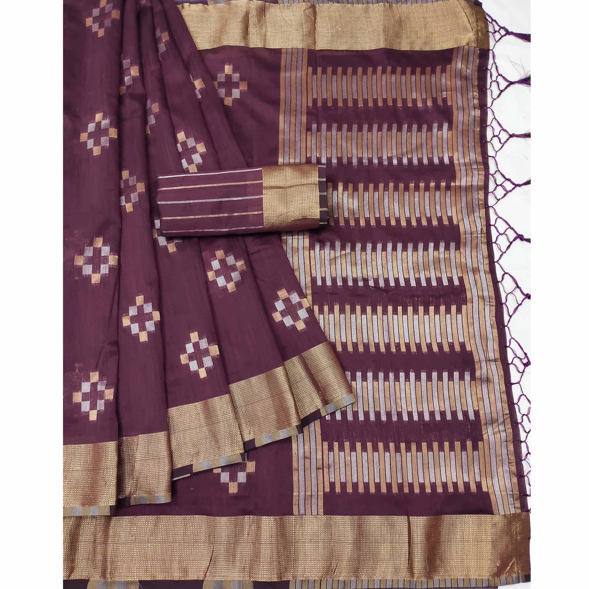 Wine Woven Khaadi Saree With Tassels