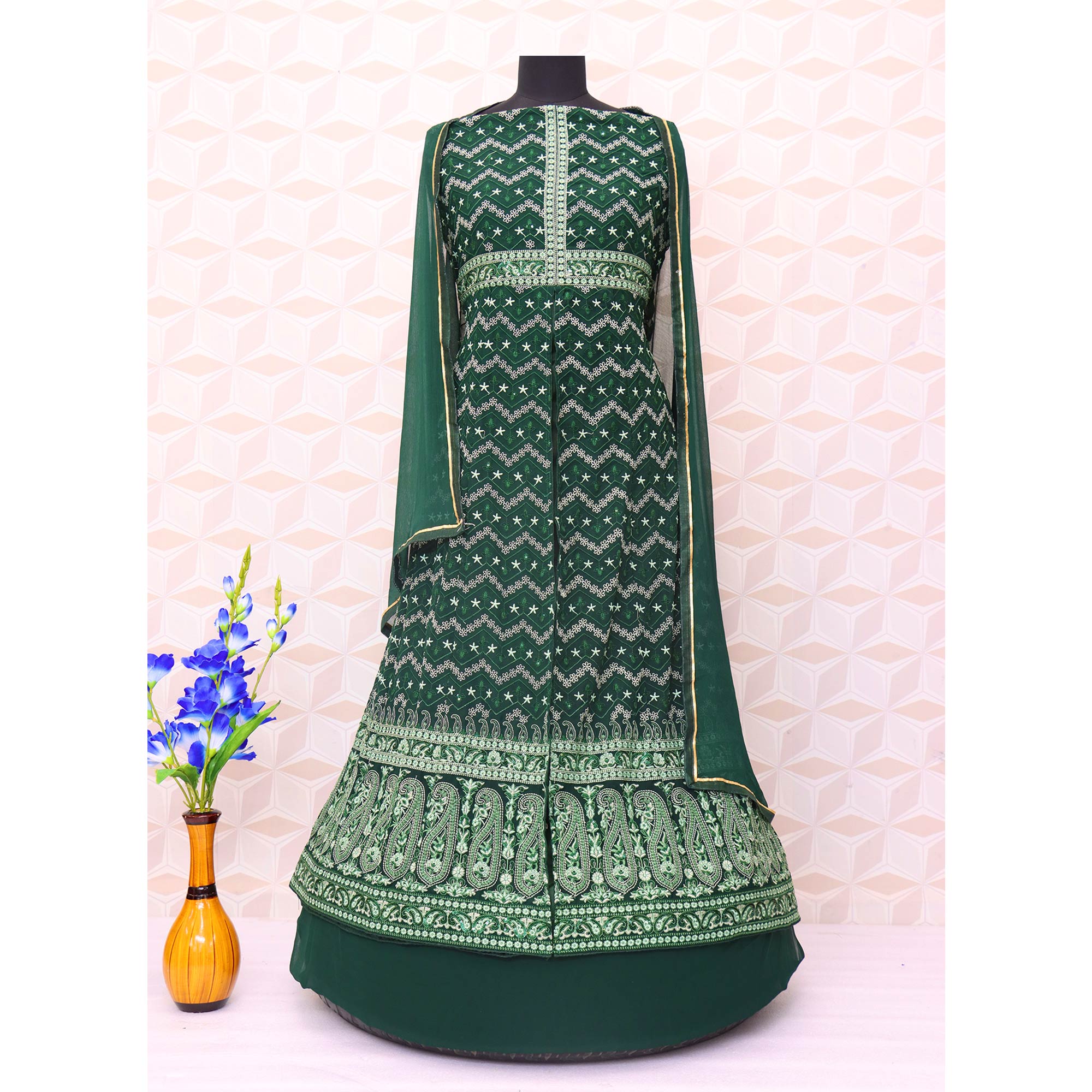 Green Floral Embroidered Georgette Front Slit Suit