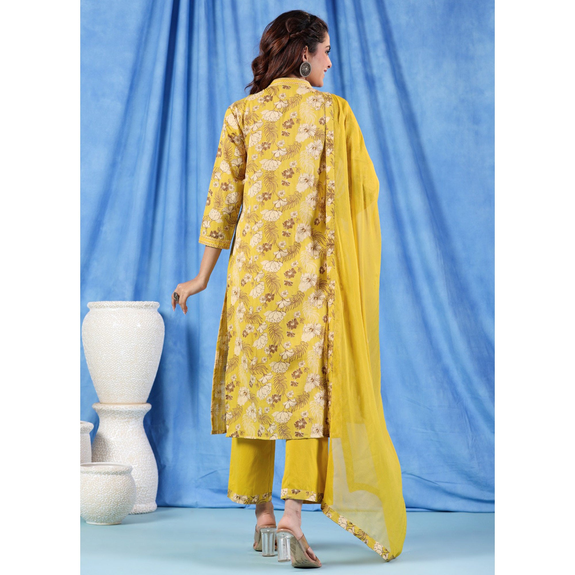 Yellow Floral Printed Pure Cotton Suit